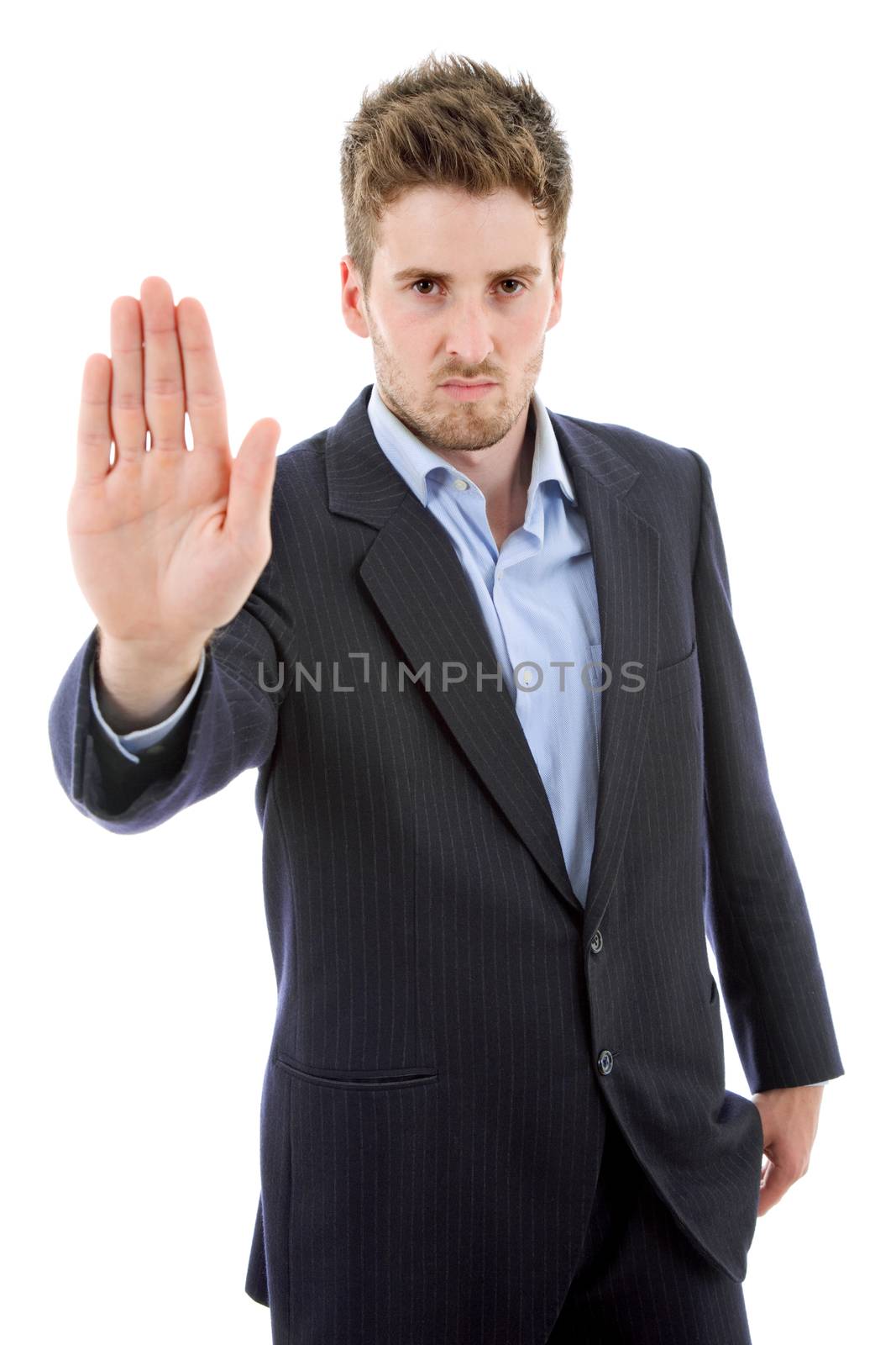 young casual man making stop with his hand, in a white background