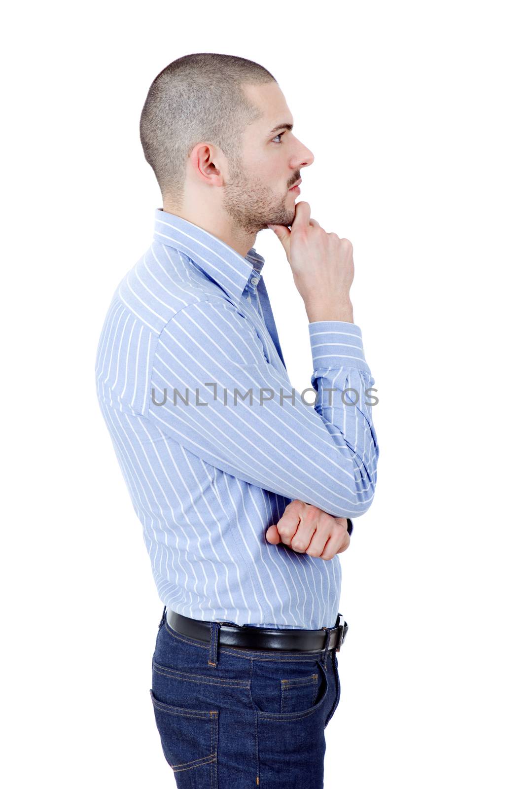 young casual man thinking, isolated on white