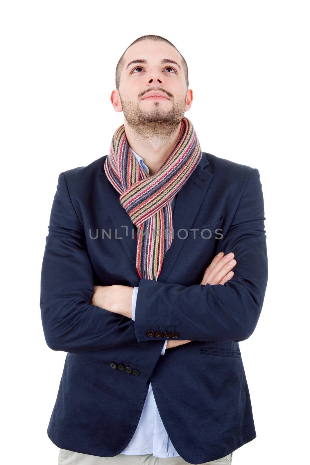 young casual man thinking, isolated on white