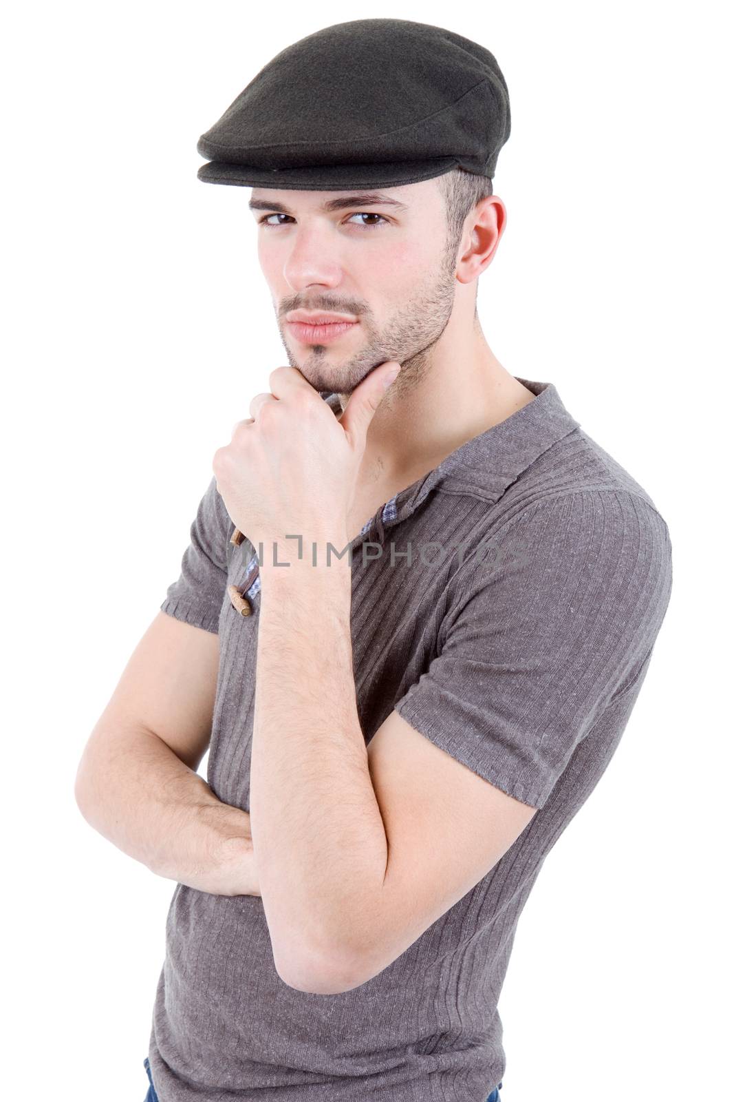 young casual man thinking, isolated on white