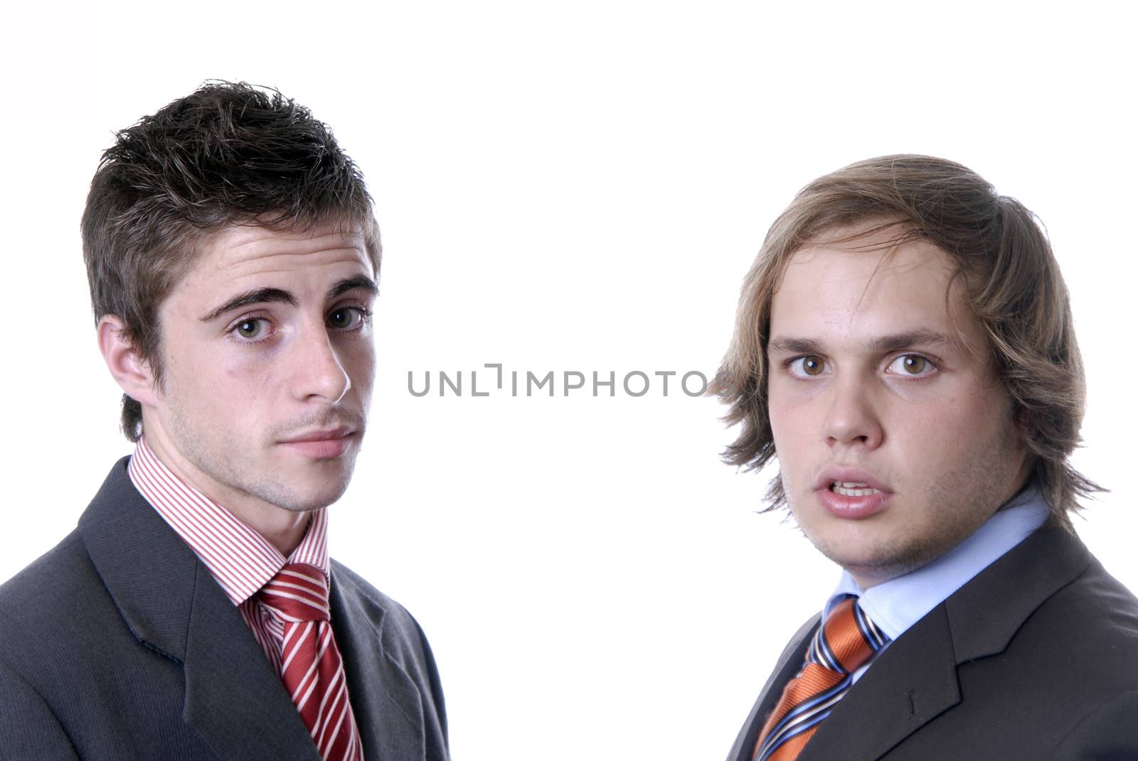 two young business men portrait on white.