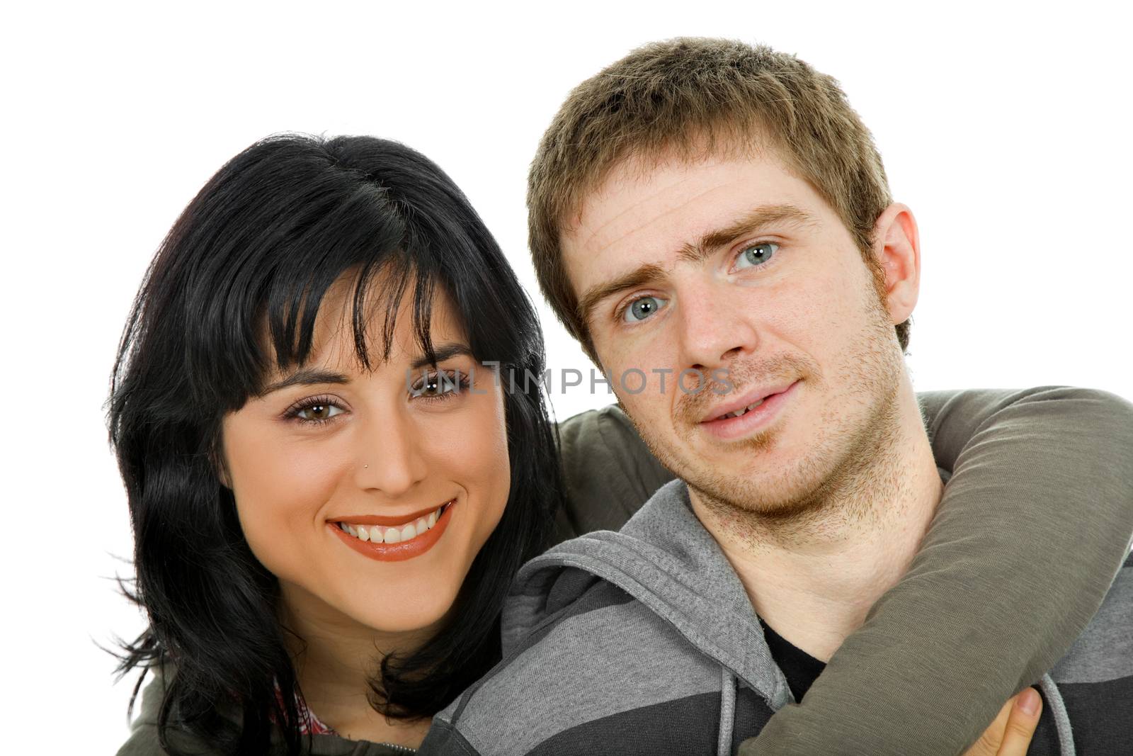 young casual couple together, isolated on white background