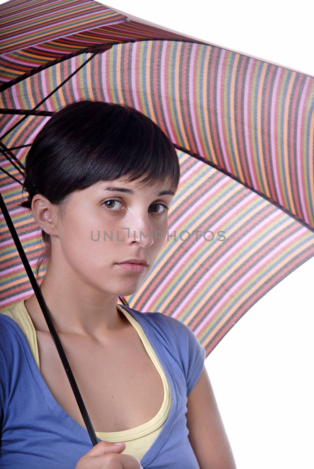 young brunette girl with umbrella in colors