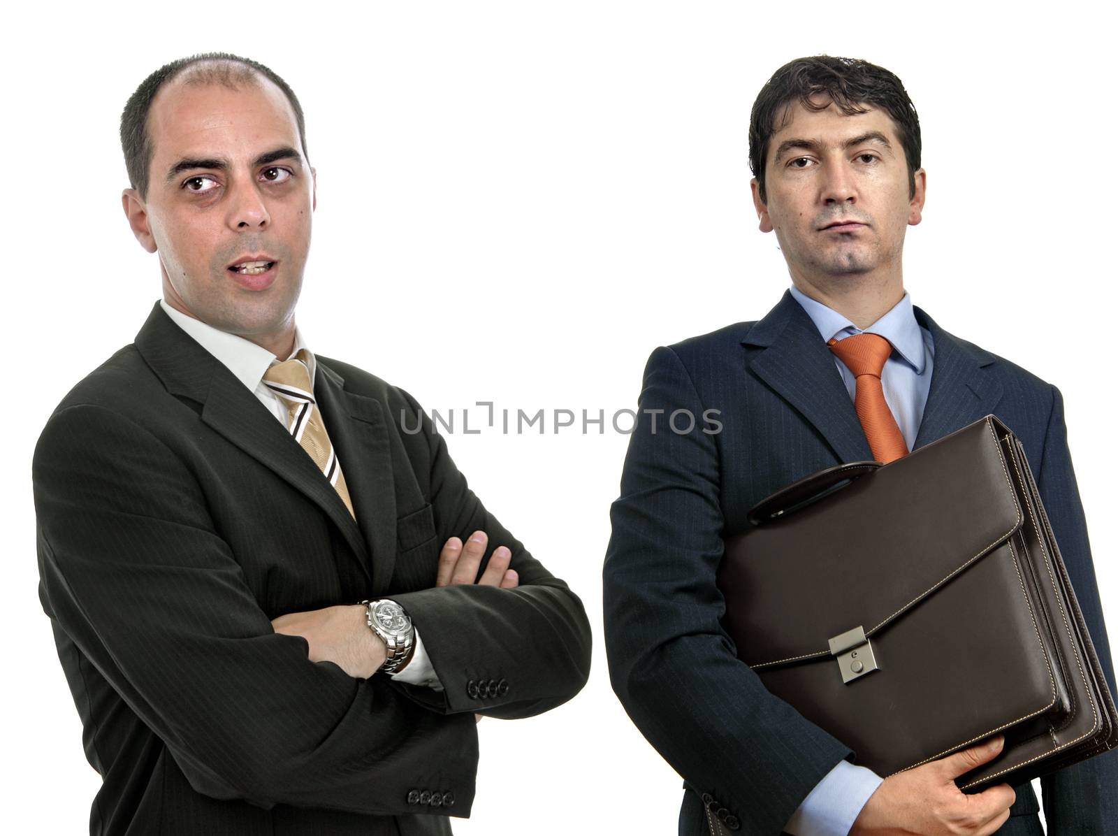 two young business men portrait on white