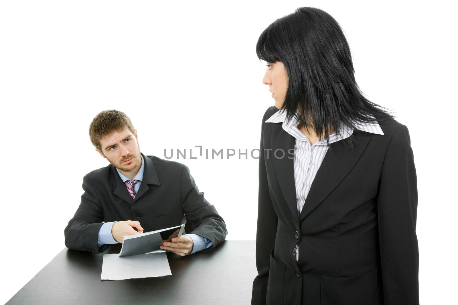 young business couple working, isolated, focus on the man
