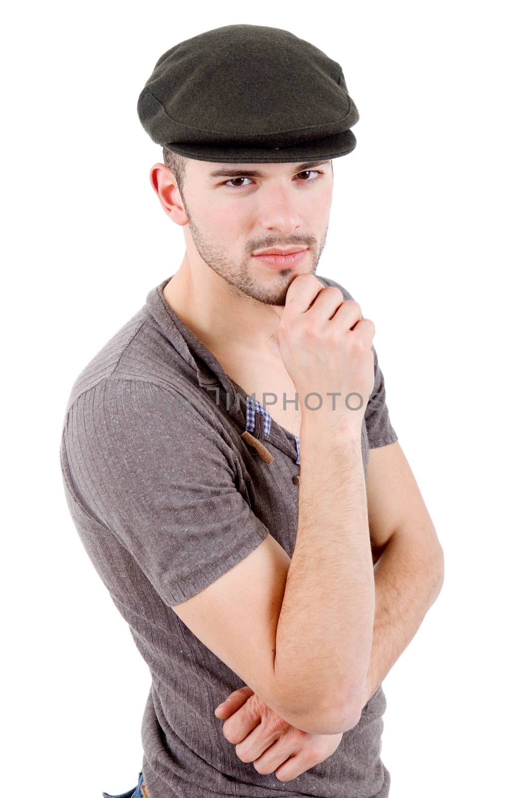 young casual man thinking, isolated on white