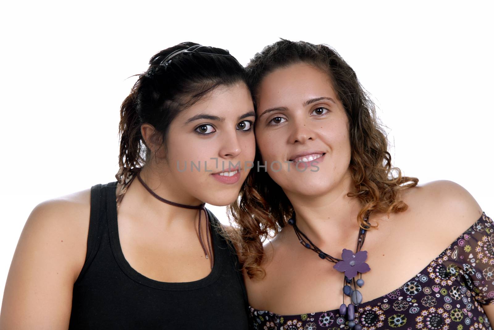 two young casual women portrait, on white