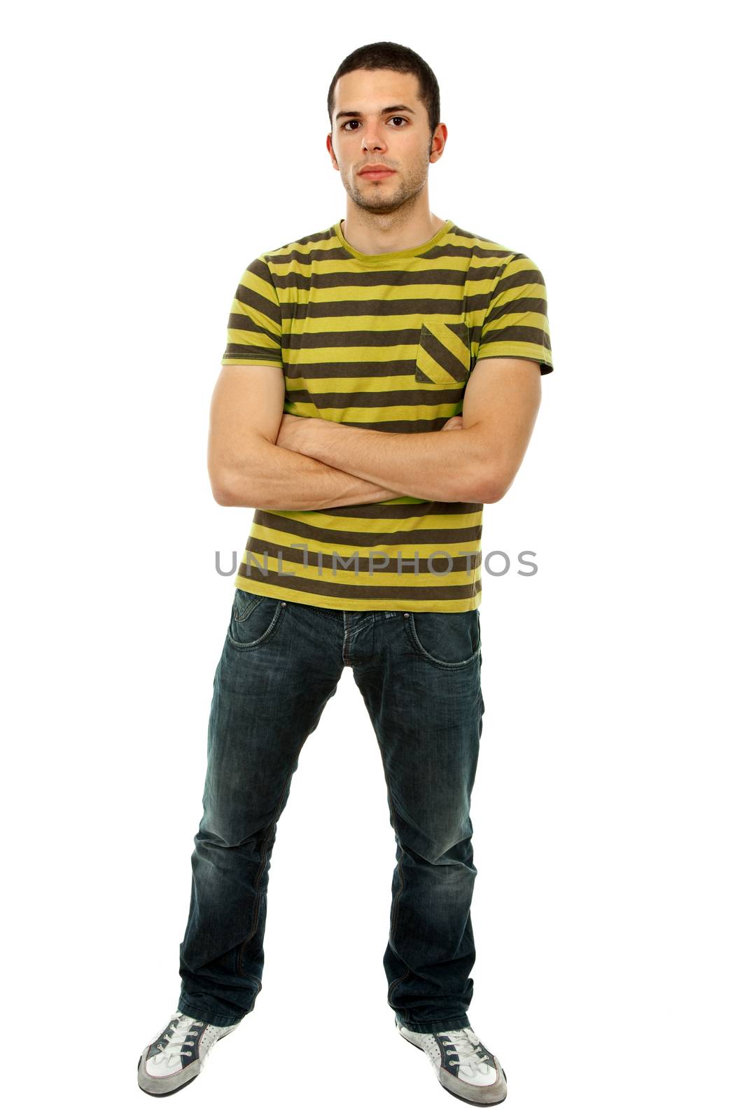 young casual man full body in a white background