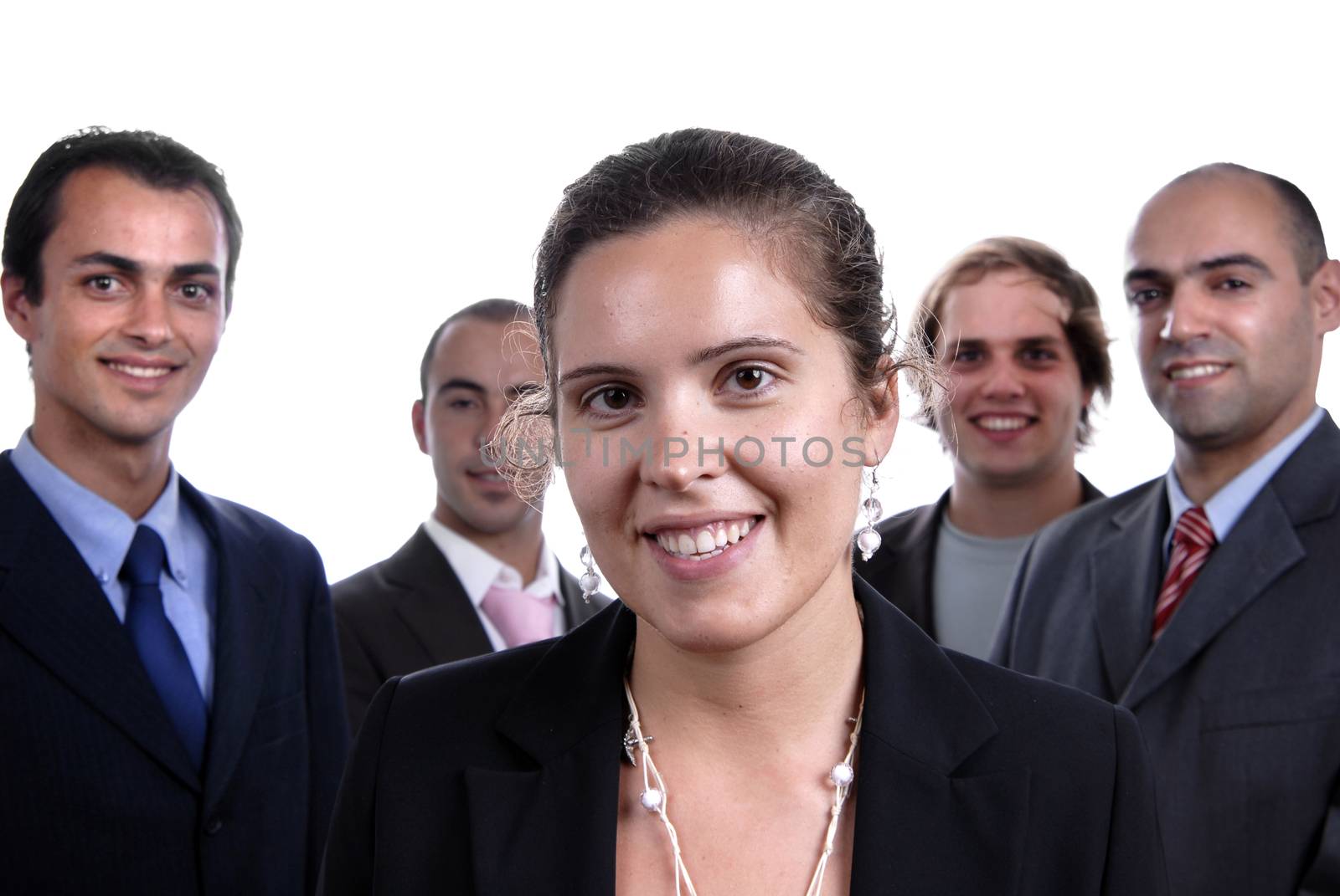 business team, isolated on white background, focus on the woman