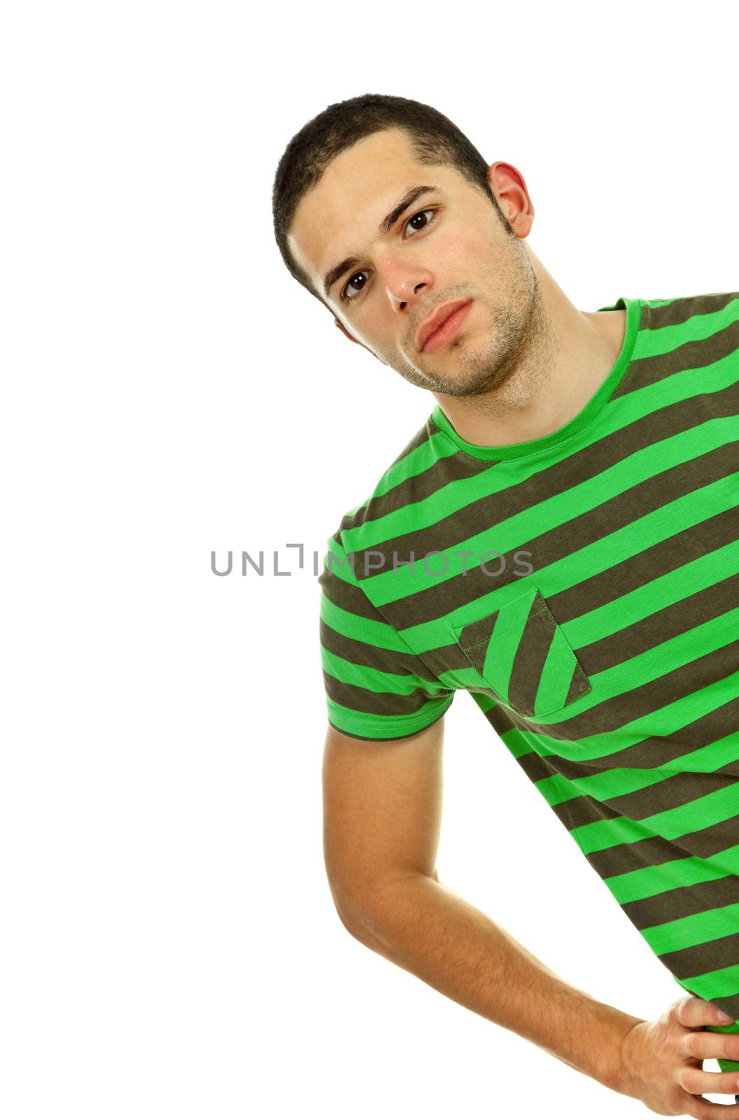 young casual man hiding, isolated on white