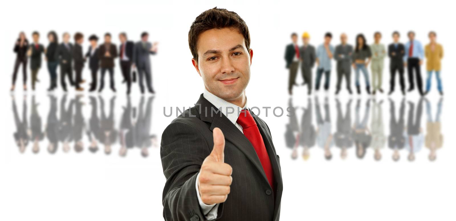 young business man going thumb up, with some people on the back