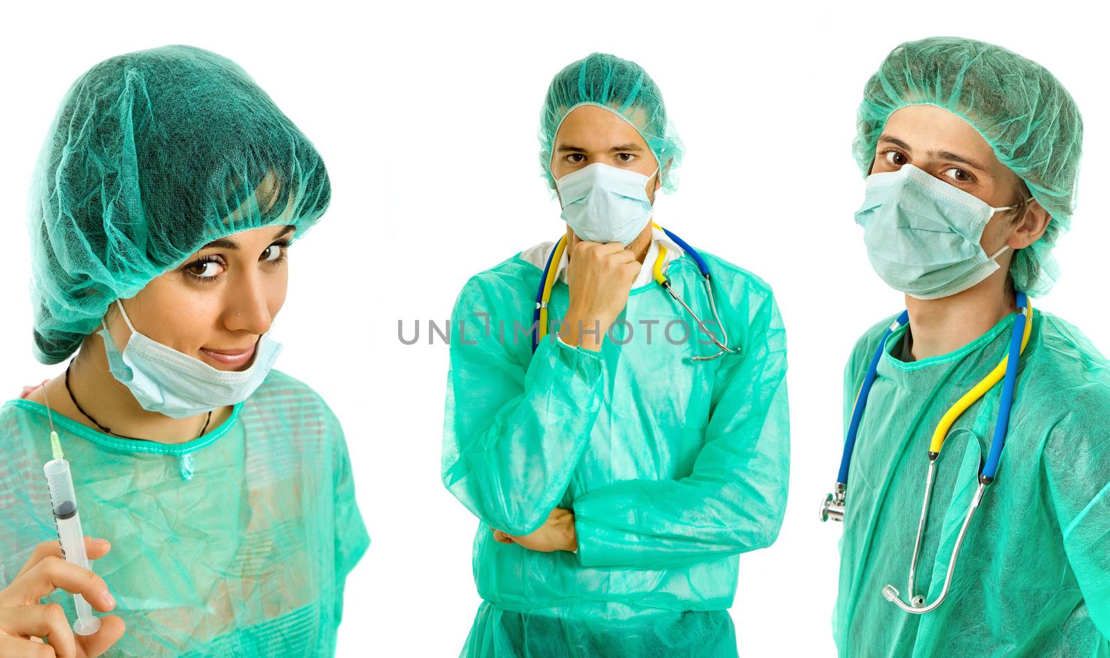 three young doctors, isolated on white background