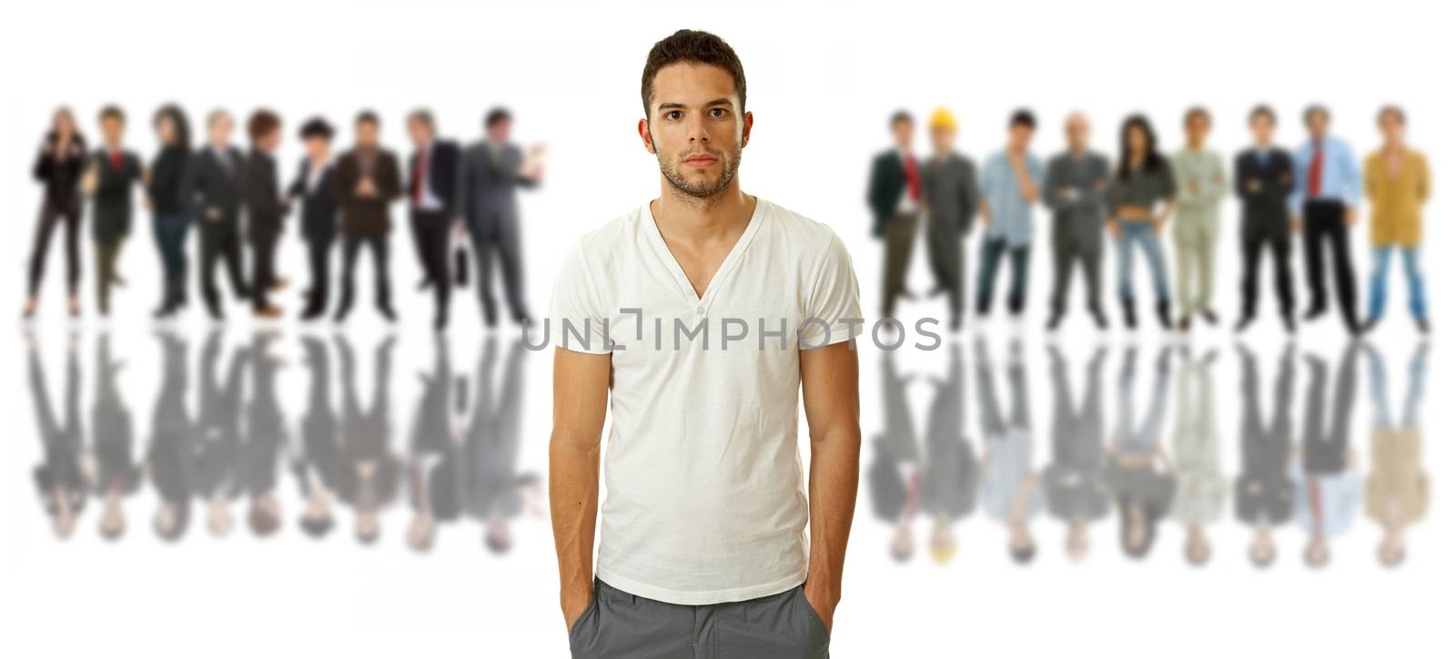 an young man in front of a group of people, isolated