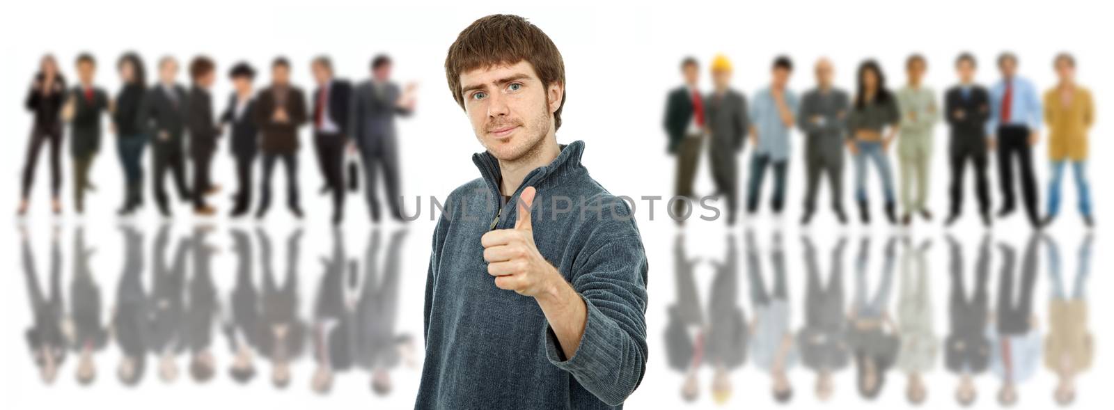 an young man in front of a group of people, isolated