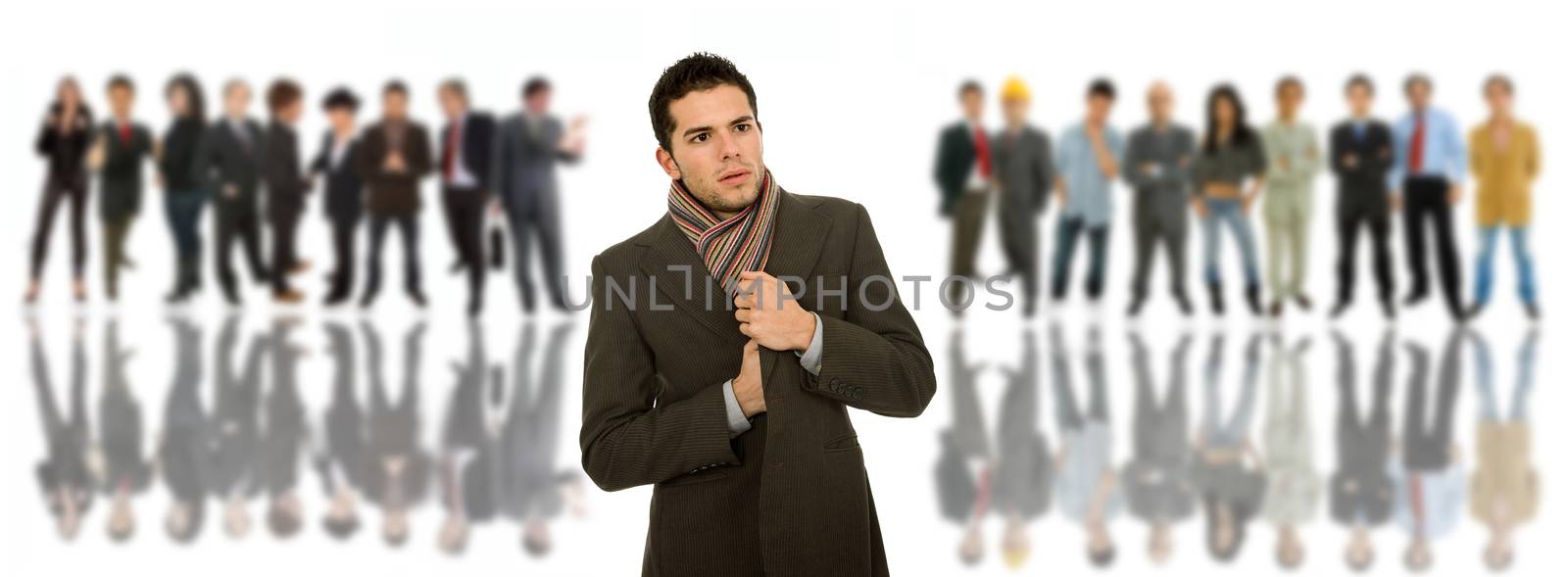 an young man in front of a group of people, isolated