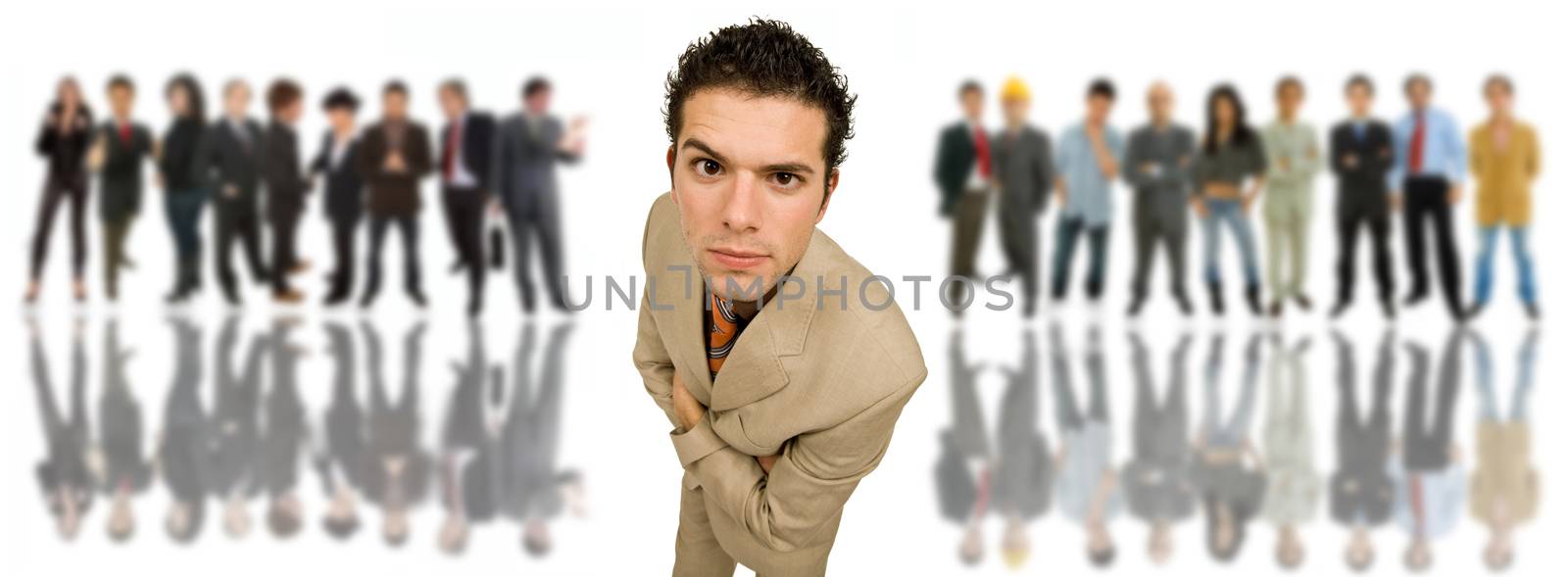 an young man in front of a group of people, isolated