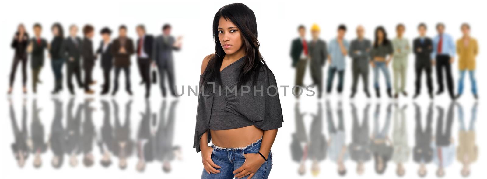 young casual woman portrait with some people in the back