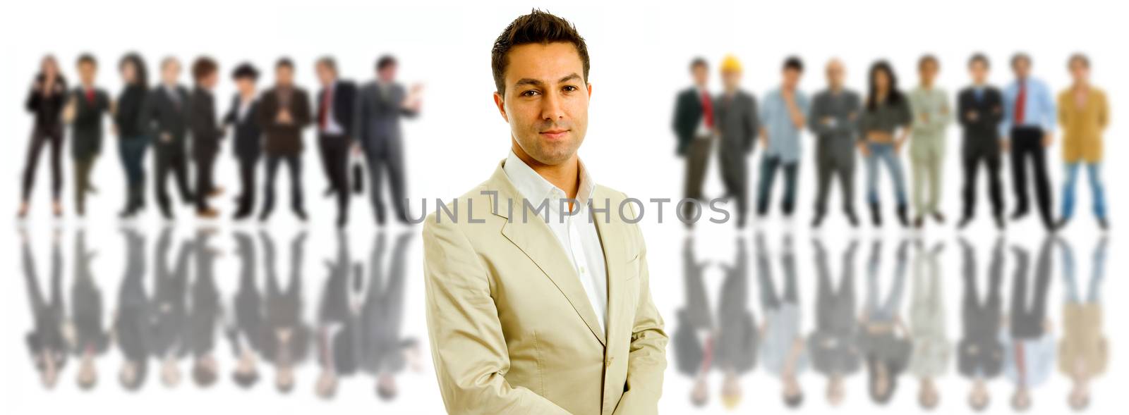 an young man in front of a group of people, isolated