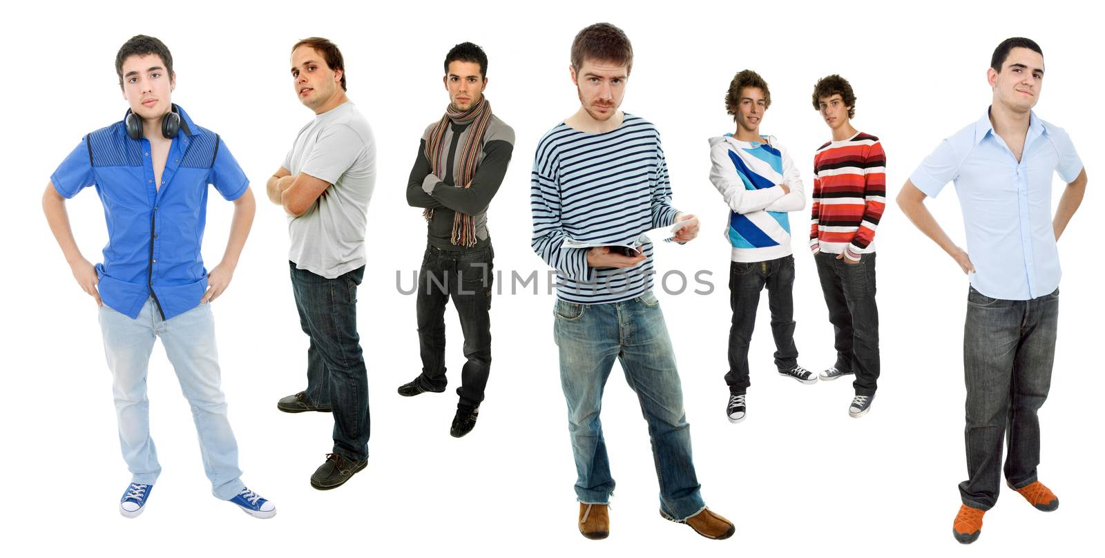 group of young men full body, isolated