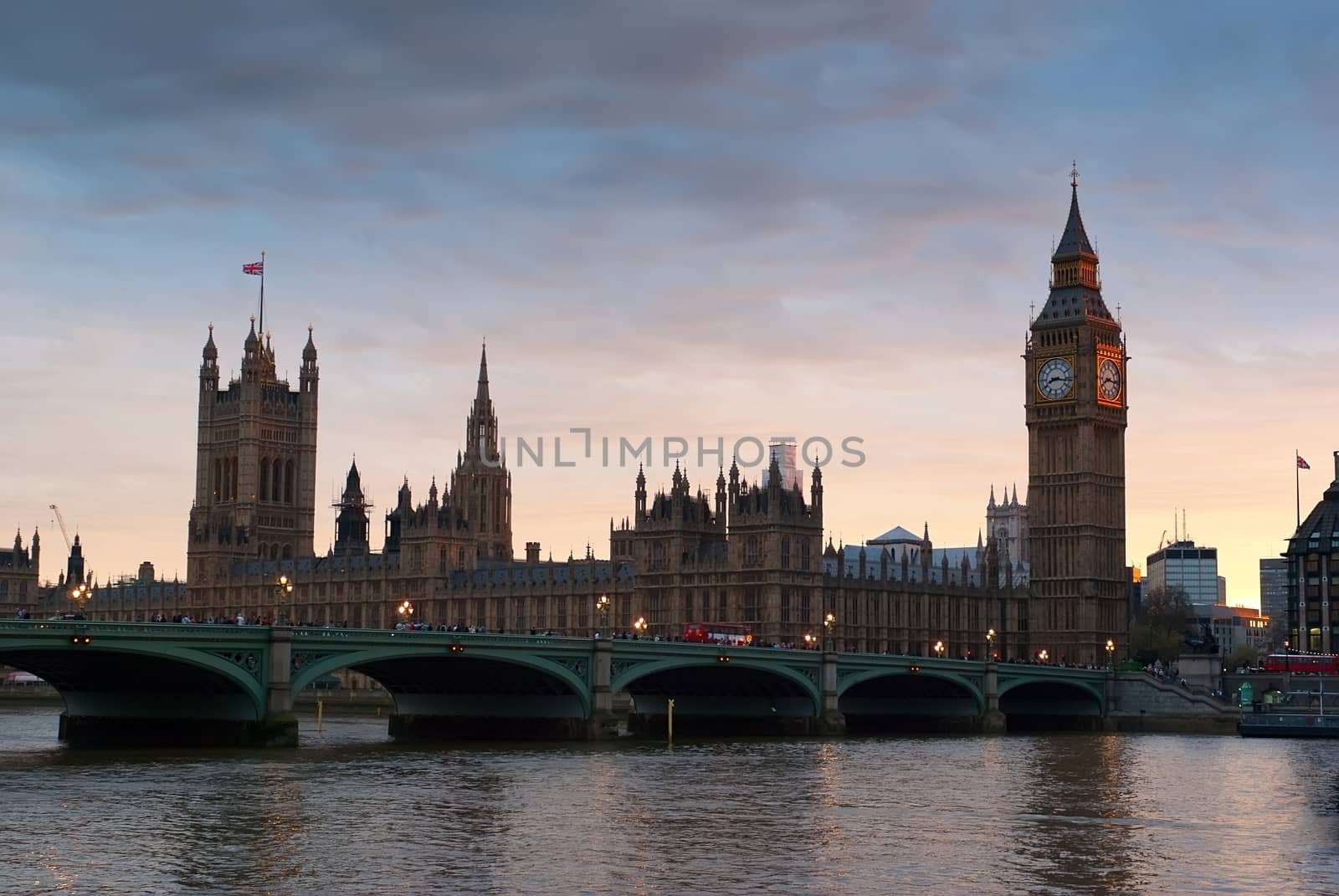Famous Big Ben in the evening with bridge, London, England by mitakag