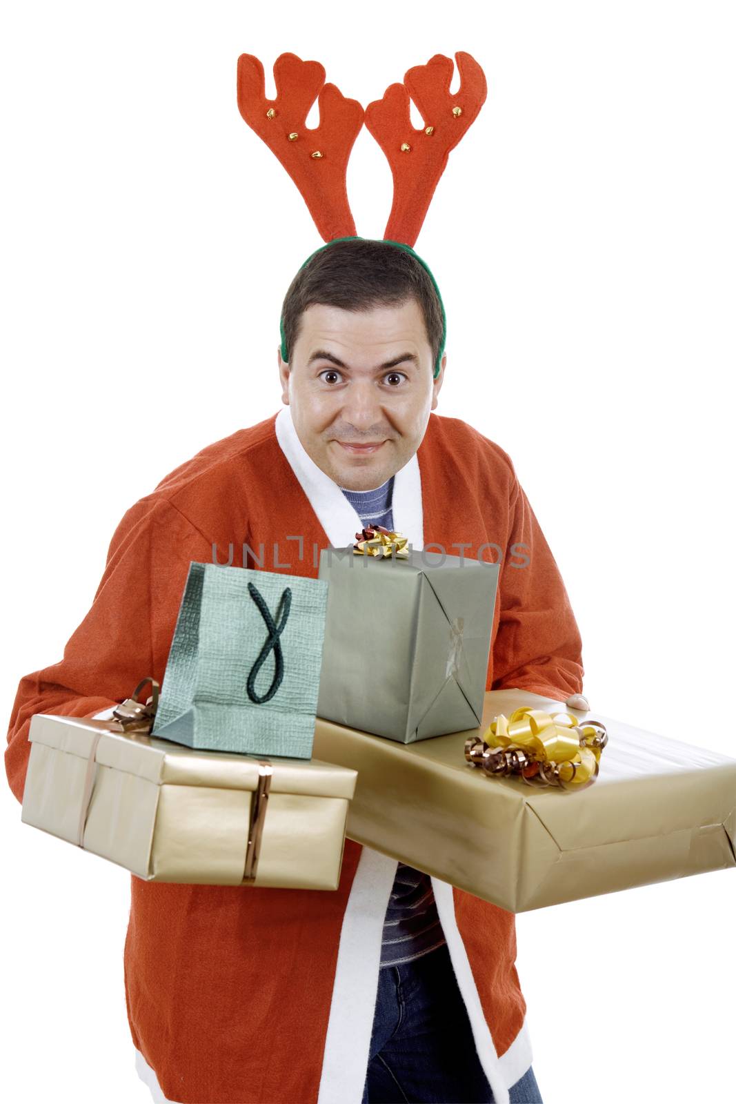 young man with santa hat holding some gifts, isolated