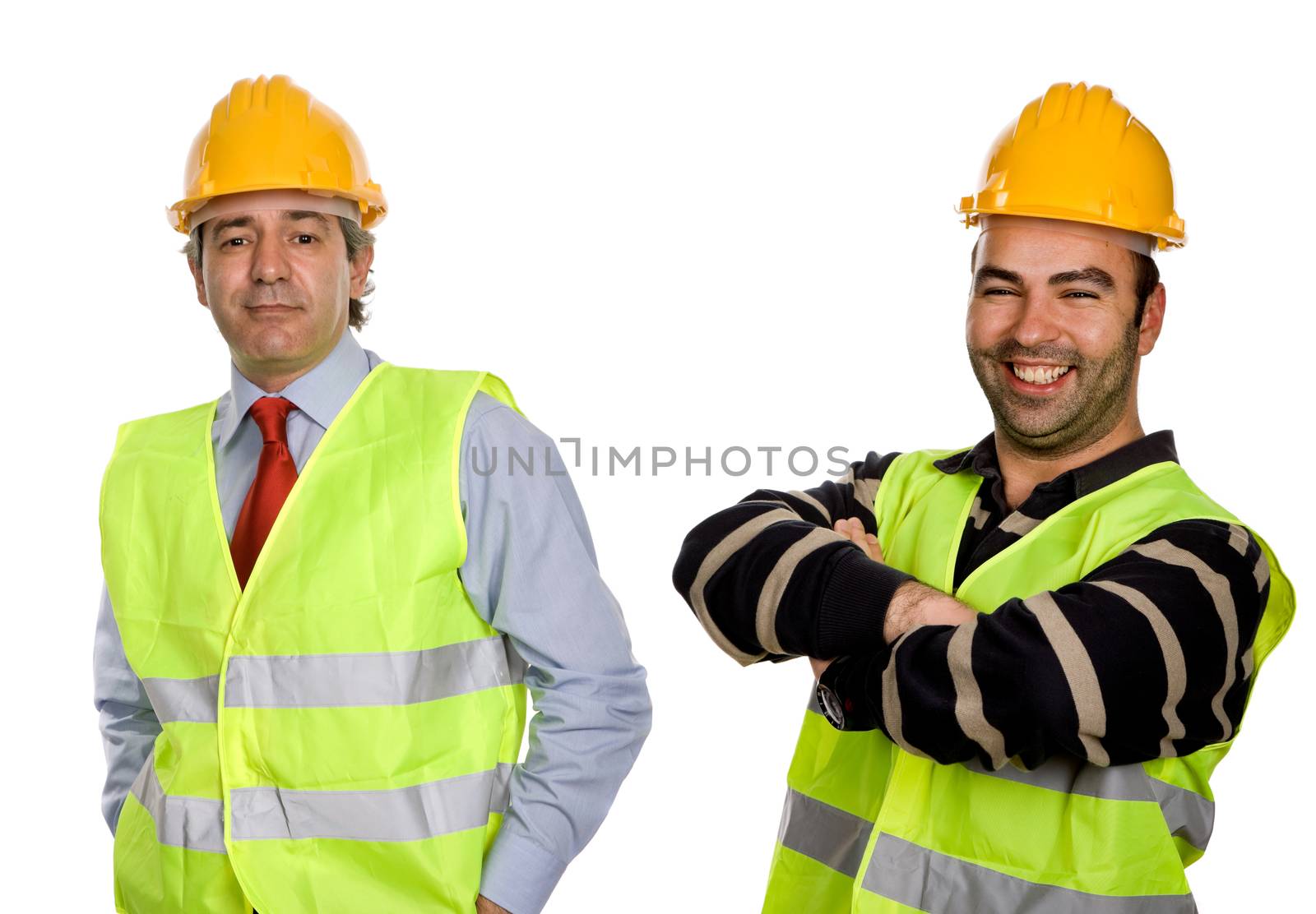 happy workers with yellow hat, in a white background