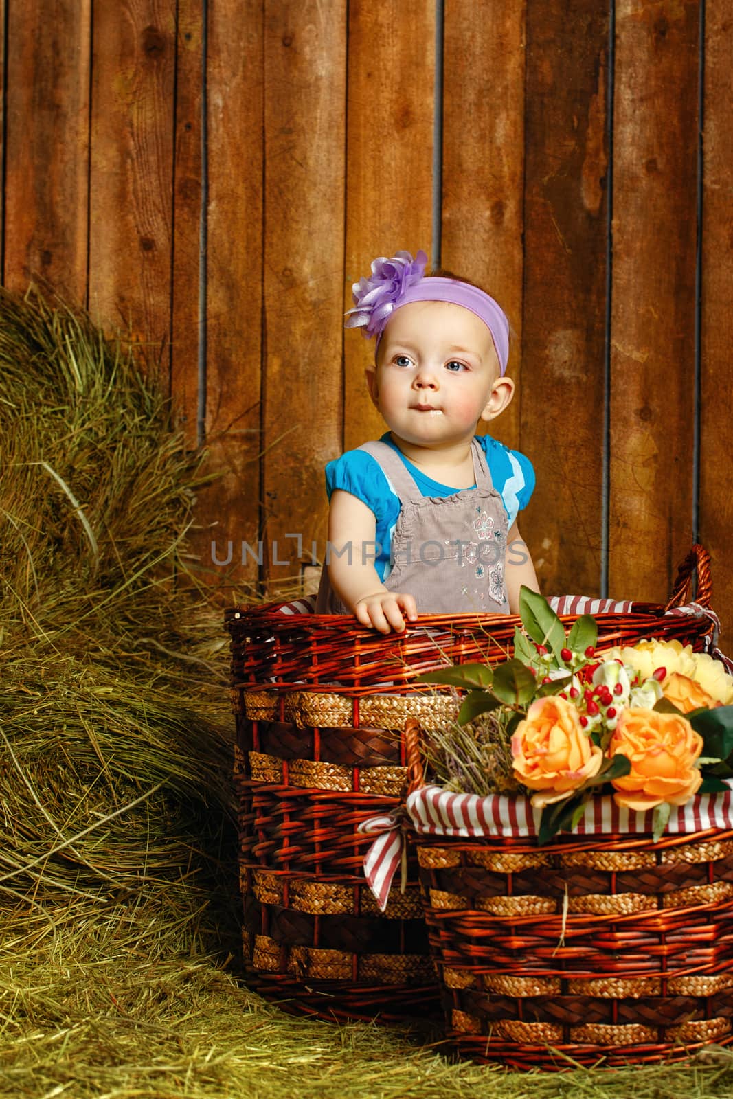 Little girl sitting in a wicker basket on a rustic barn background hay