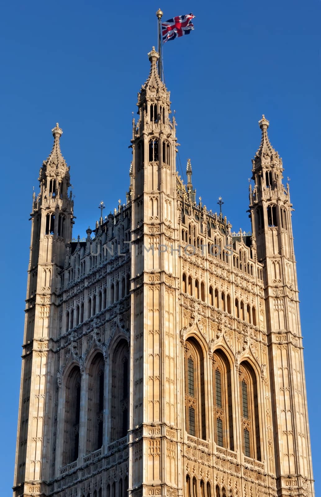 Tower of British Parliament with flag