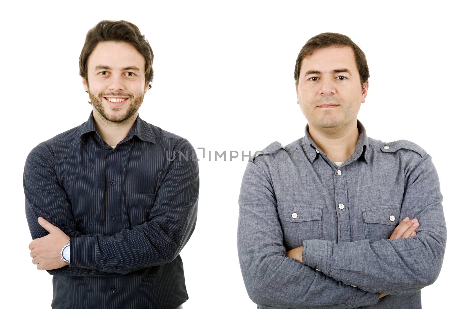 two young casual men portrait, isolated on white