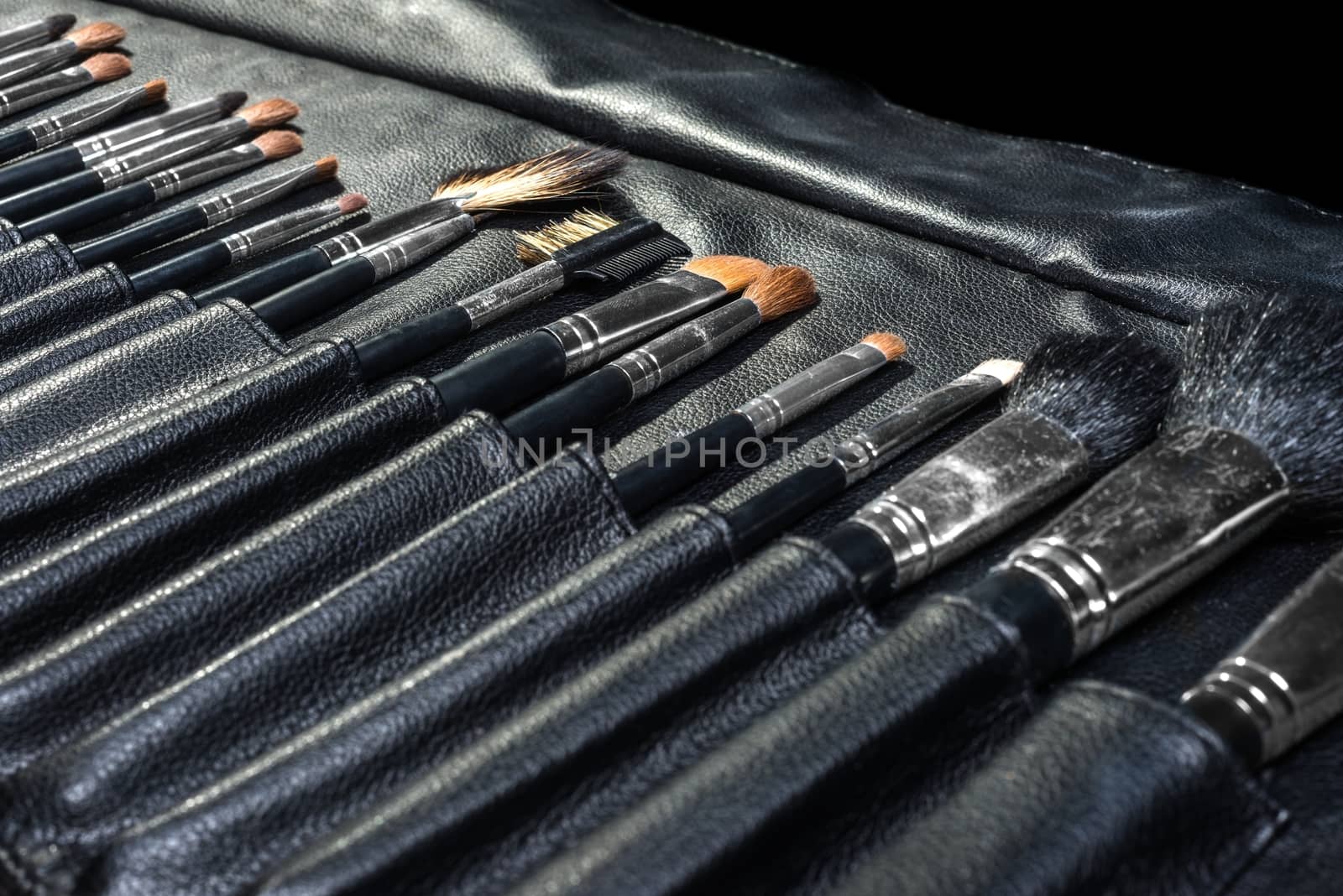 Makeup Tools in a black leather case