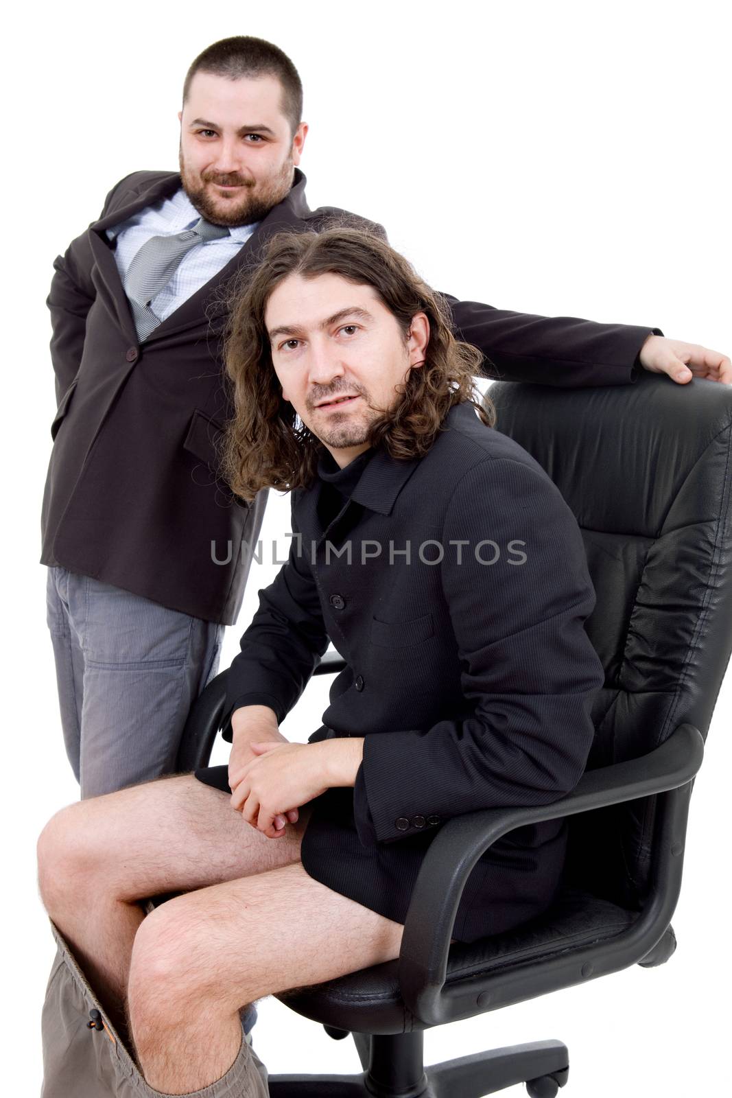 two silly young business men portrait isolated on white background