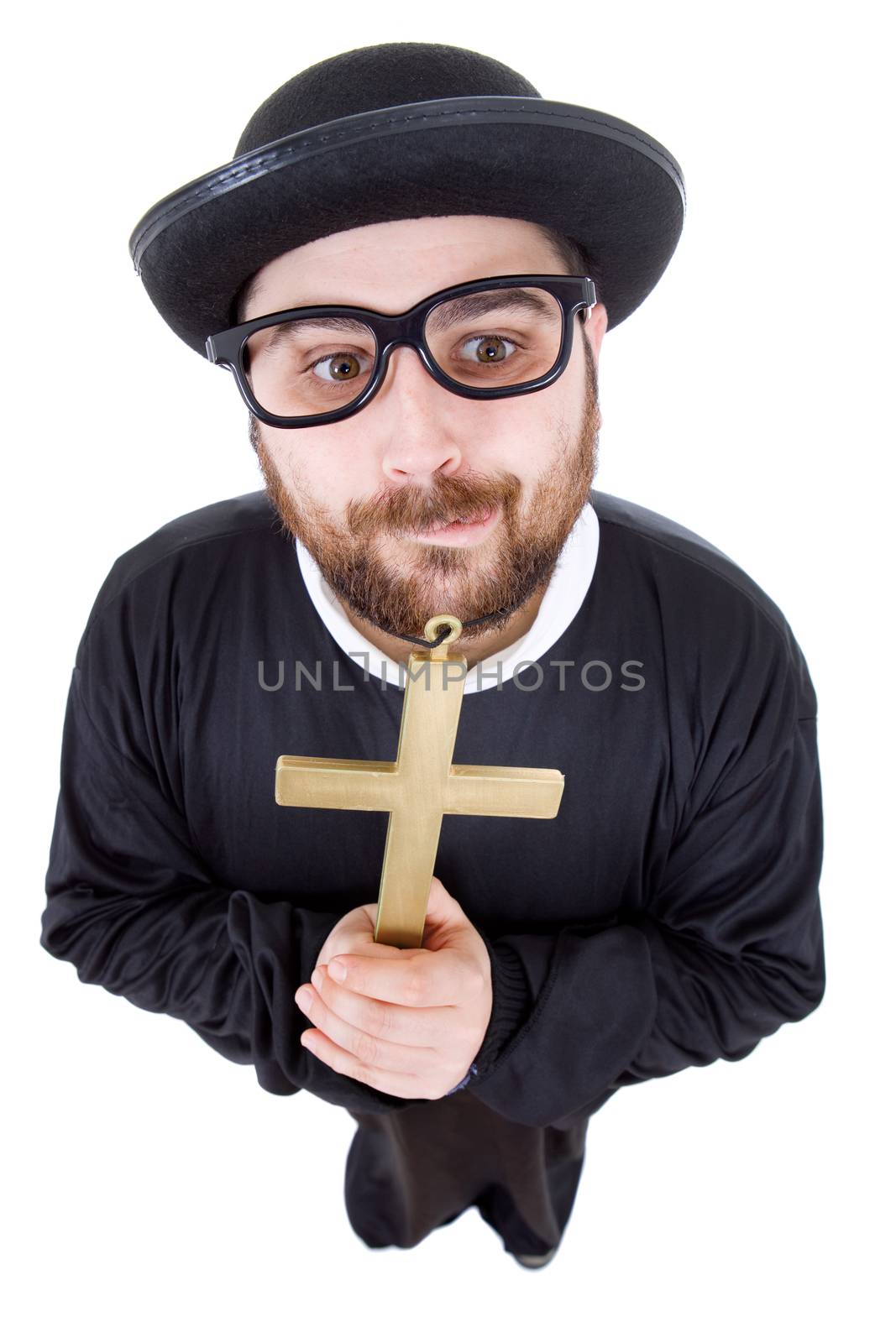 young man dressed as priest, isolated on white