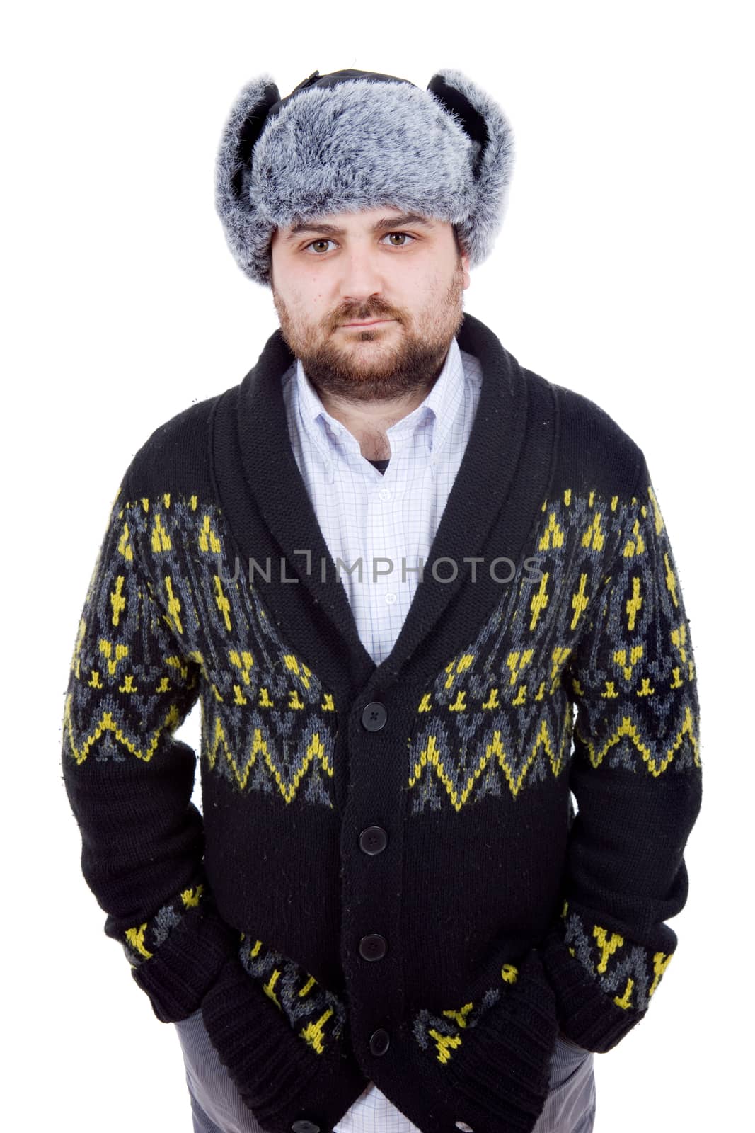 young casual man portrait with a russian hat