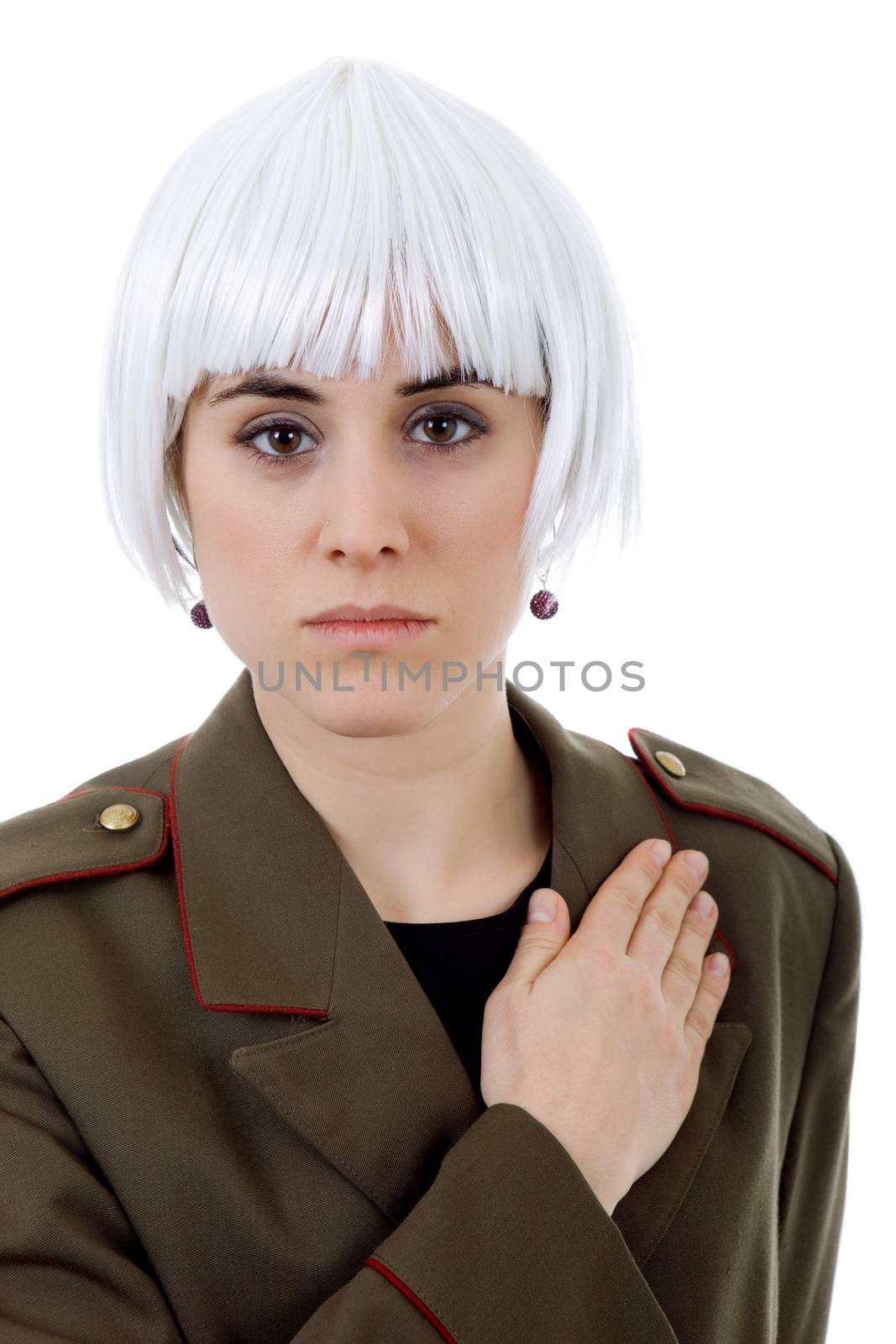 woman with a russian army coat and a white wig, isolated