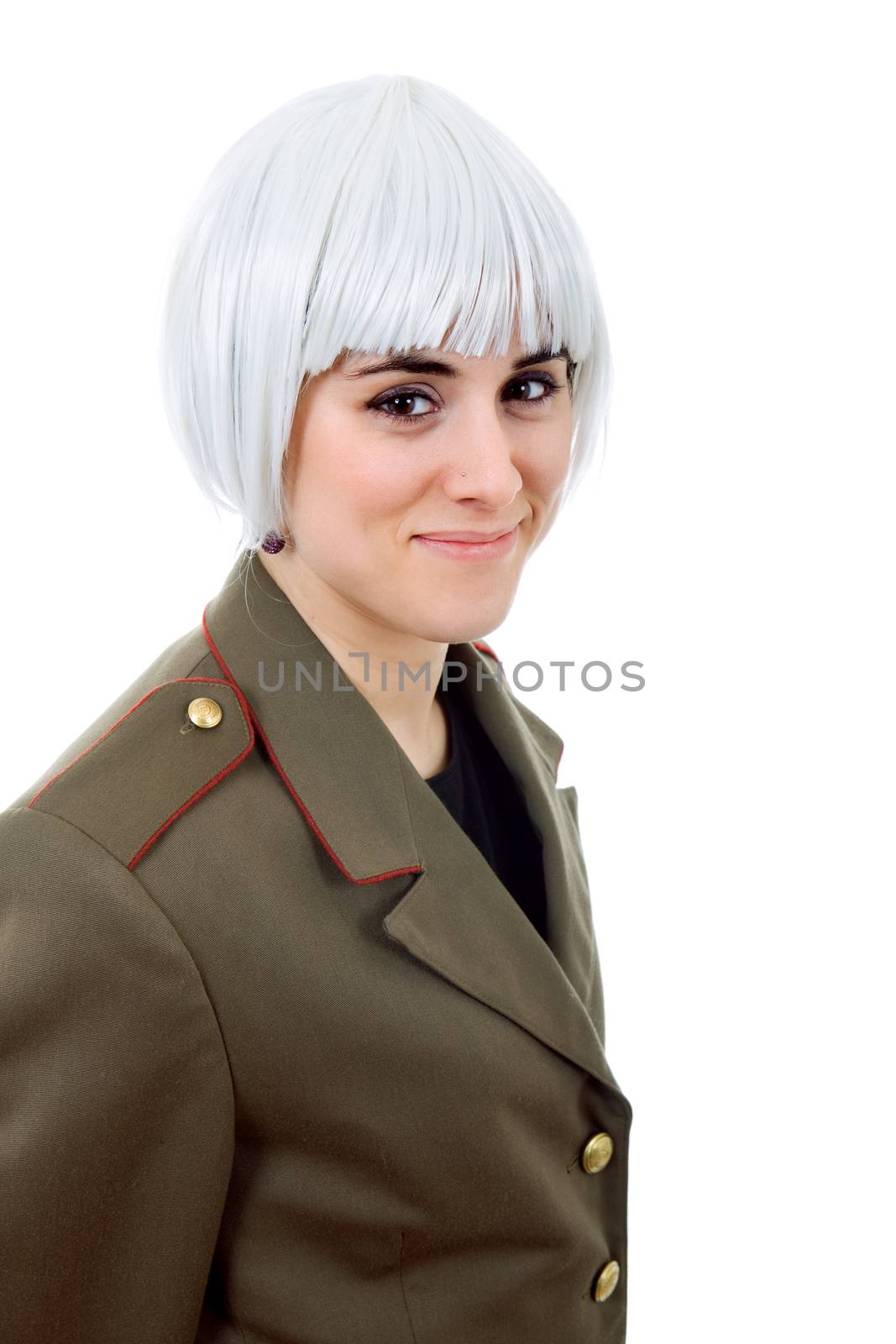 woman with a russian army coat and a white wig, isolated