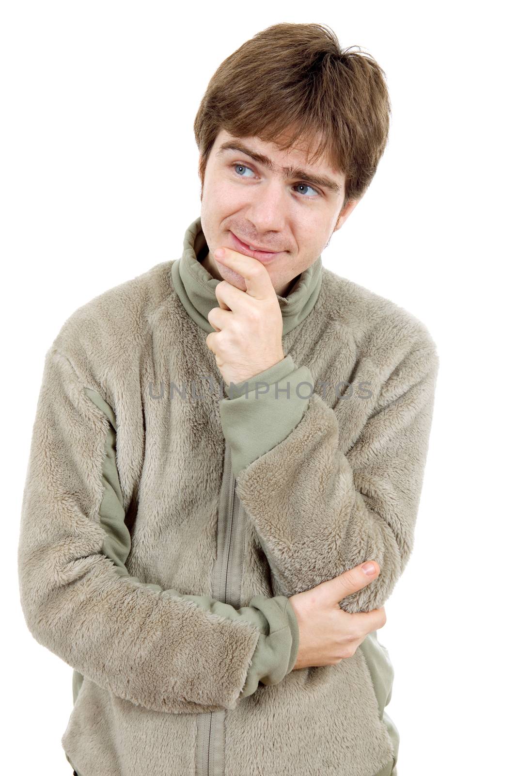 pensive young casual man portrait, isolated on white