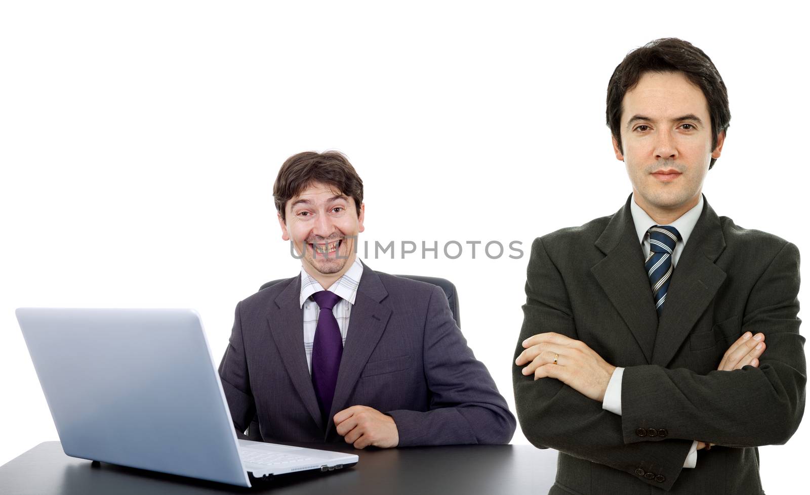 two young businessmen working, isolated on white