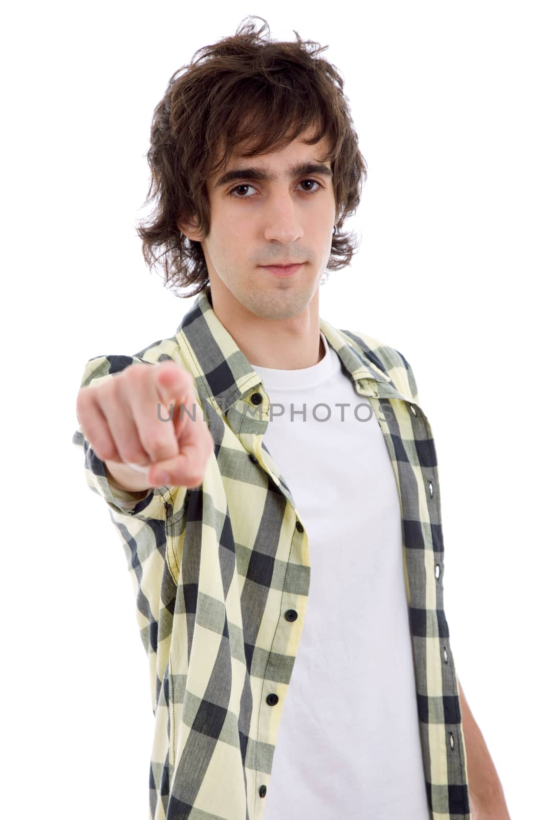 casual young man pointing, isolated on white