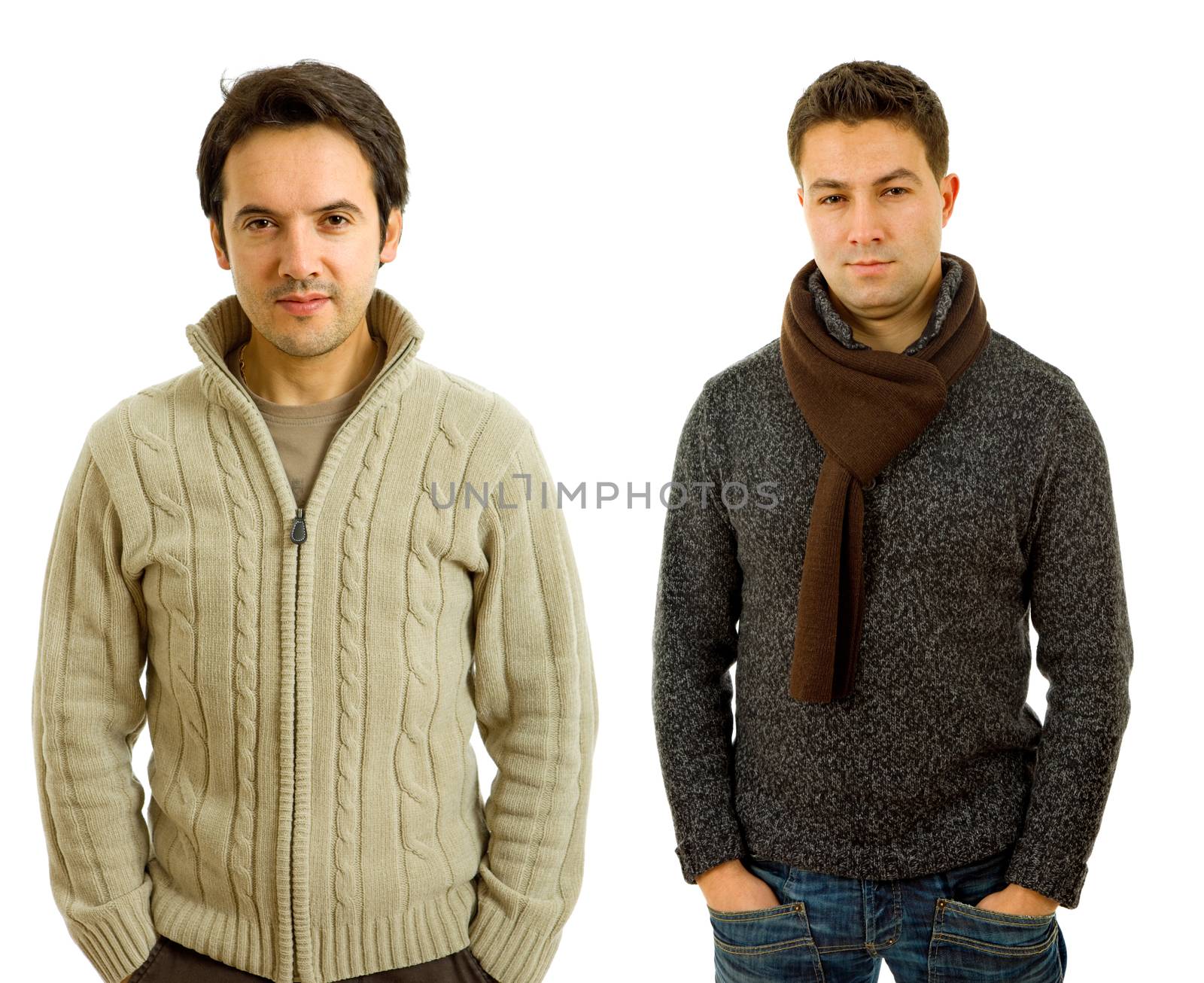 two young casual men portrait, isolated on white