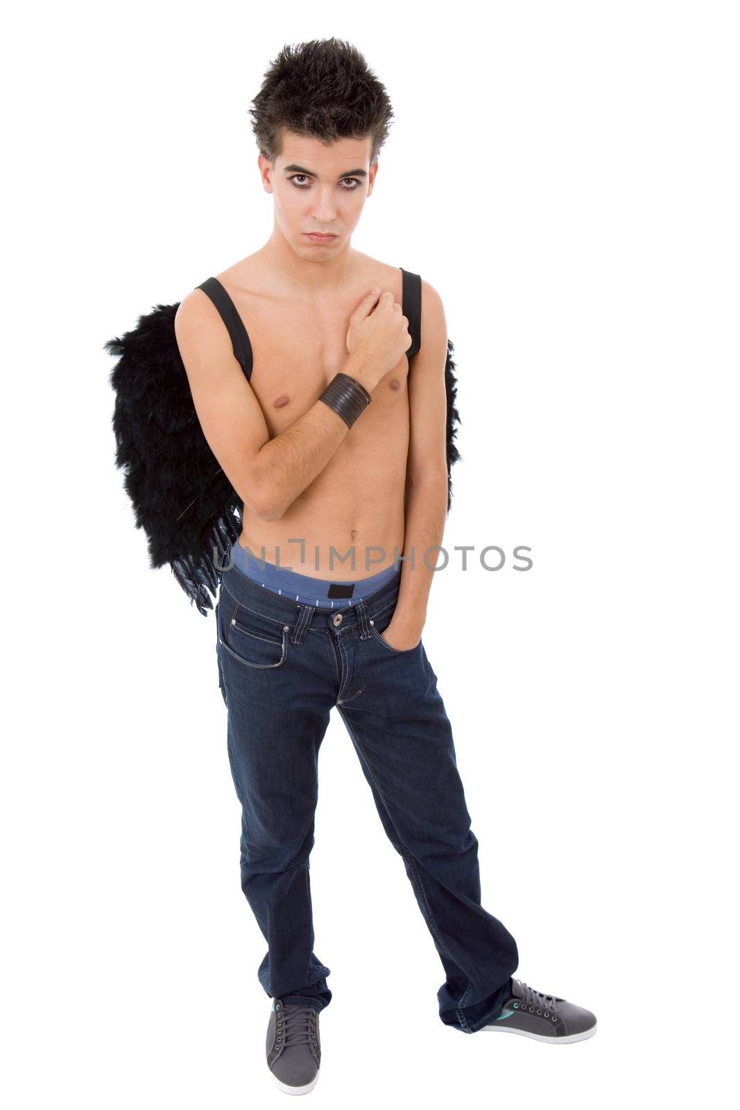 young casual teen man with wings, on white