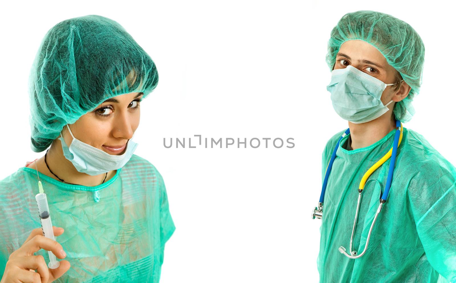 two young doctors, isolated on white background