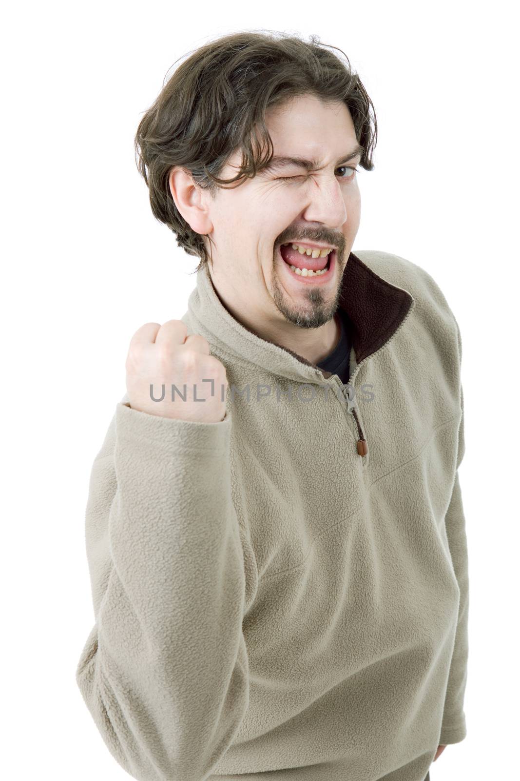 happy young man winning, isolated on white