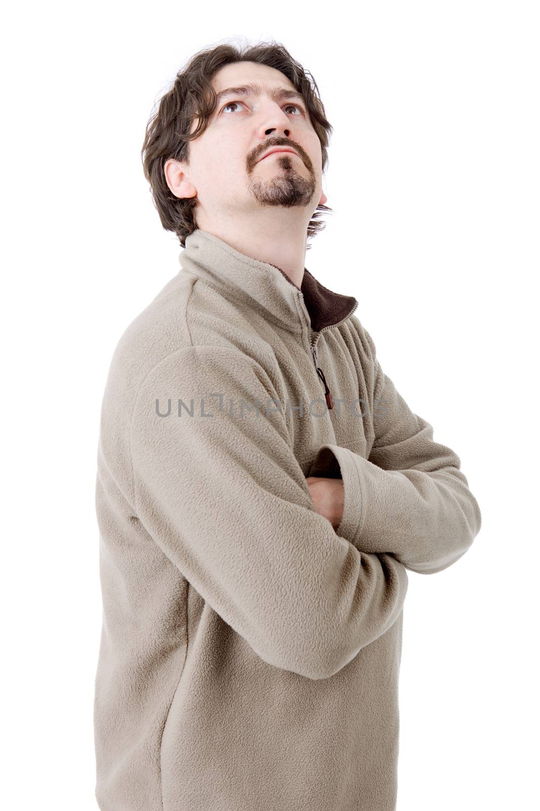 pensive young casual man portrait, isolated on white