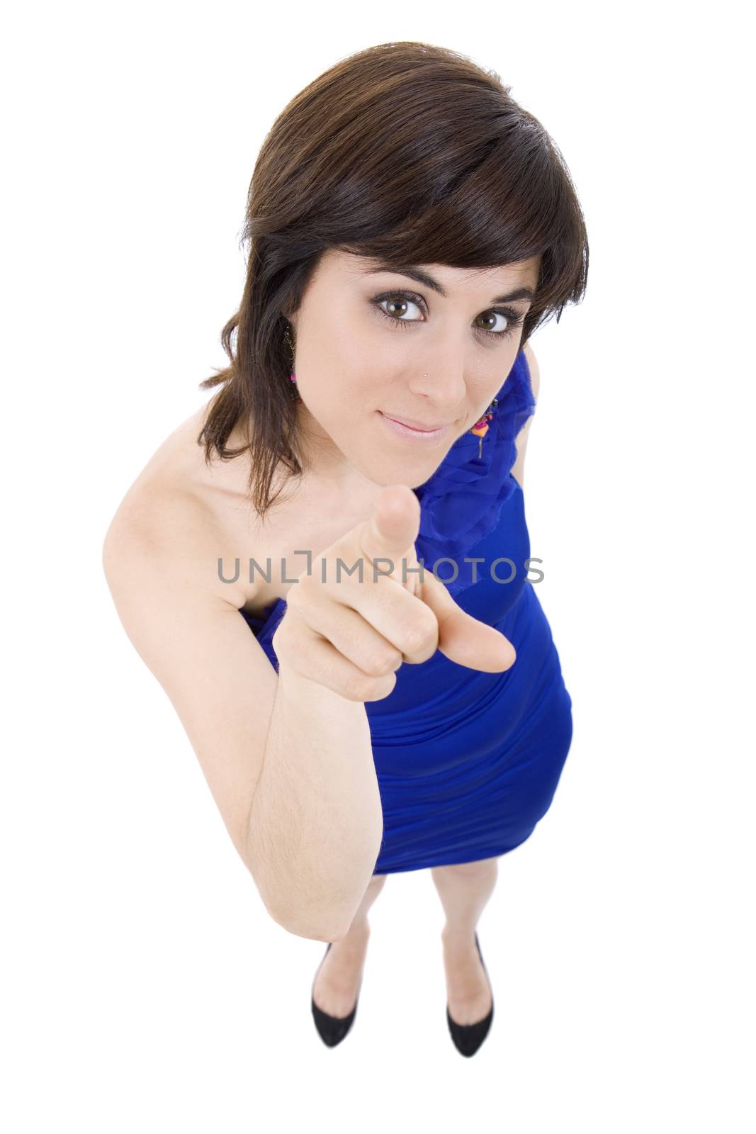 young beautiful woman full body pointing, isolated on white