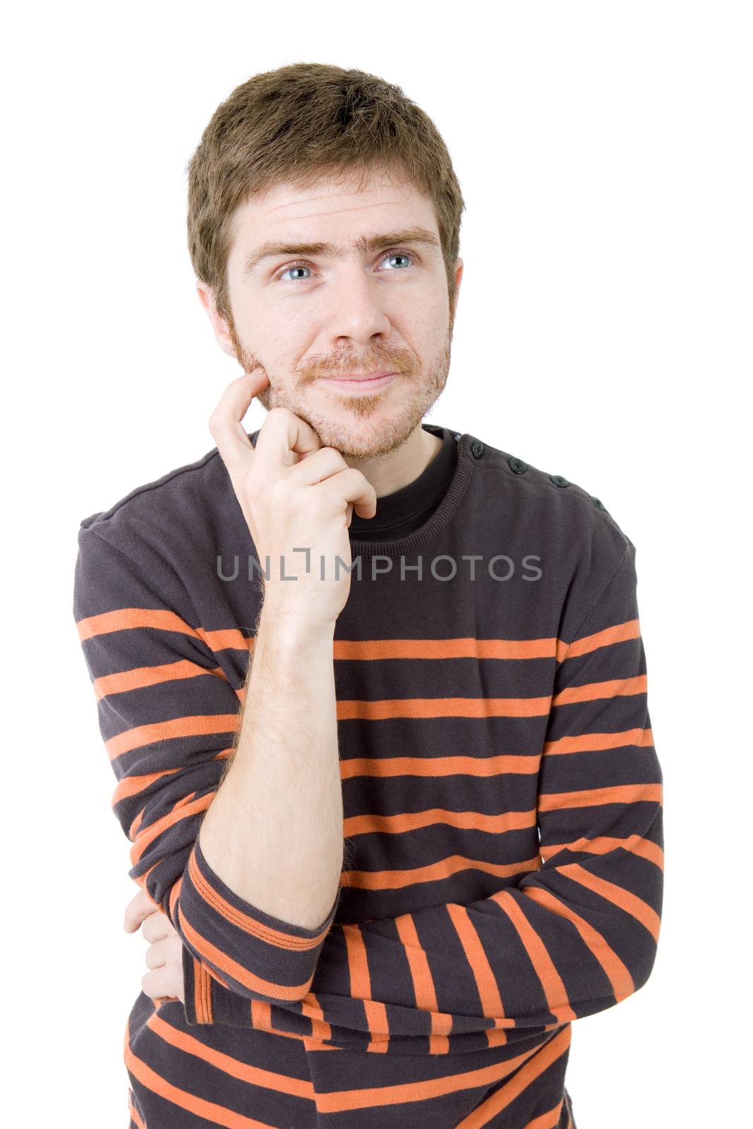 pensive young casual man portrait, isolated on white