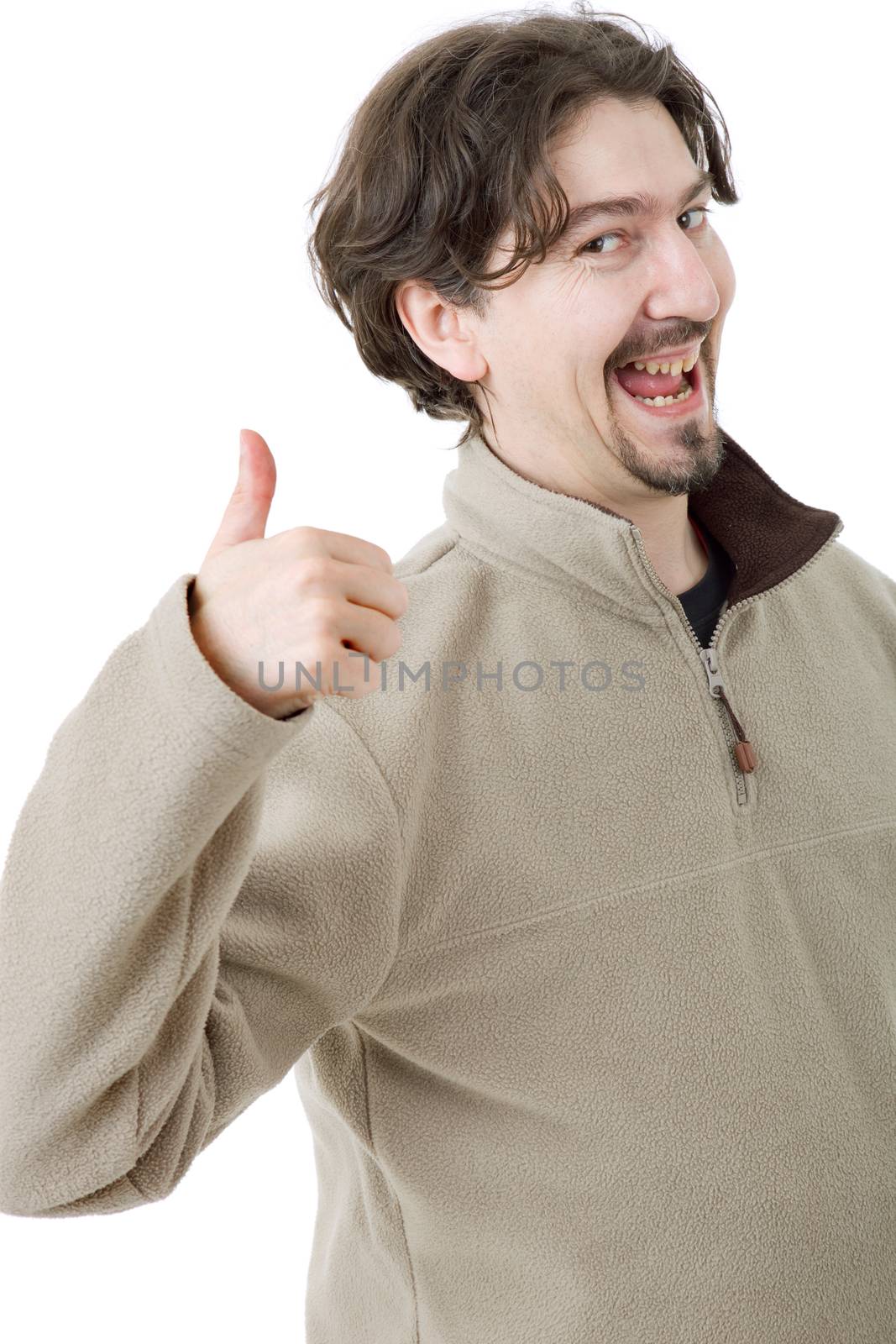 young casual man going thumb up, isolated on white