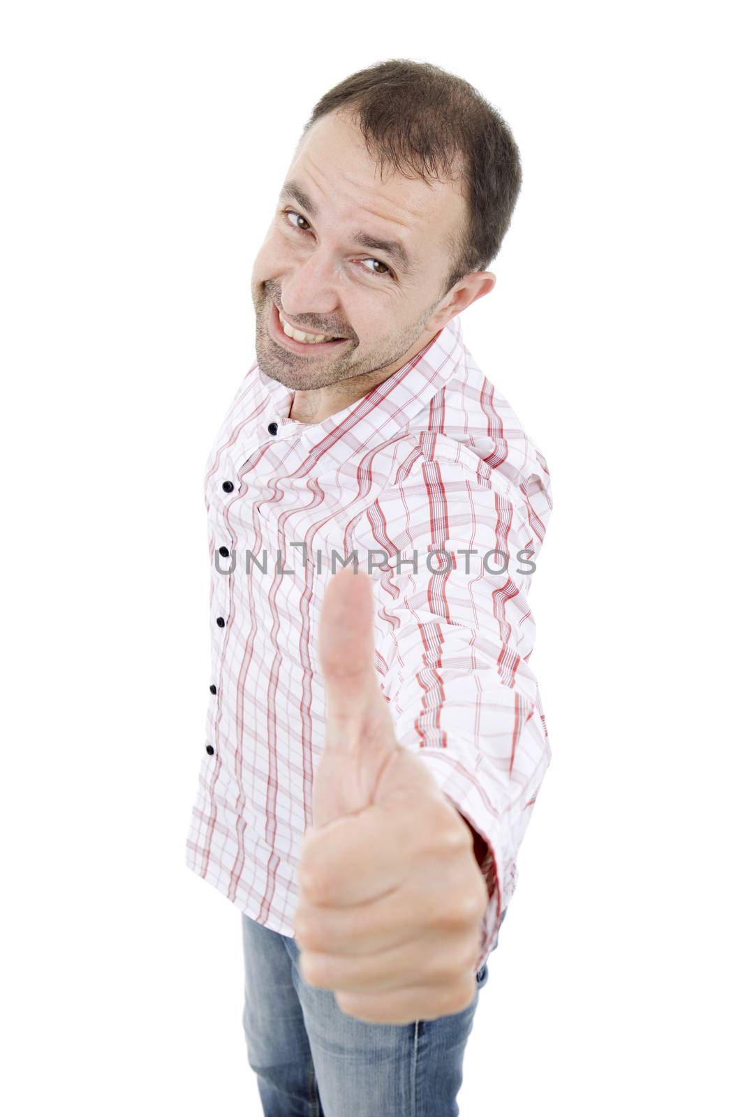 young casual man going thumb up, isolated on white