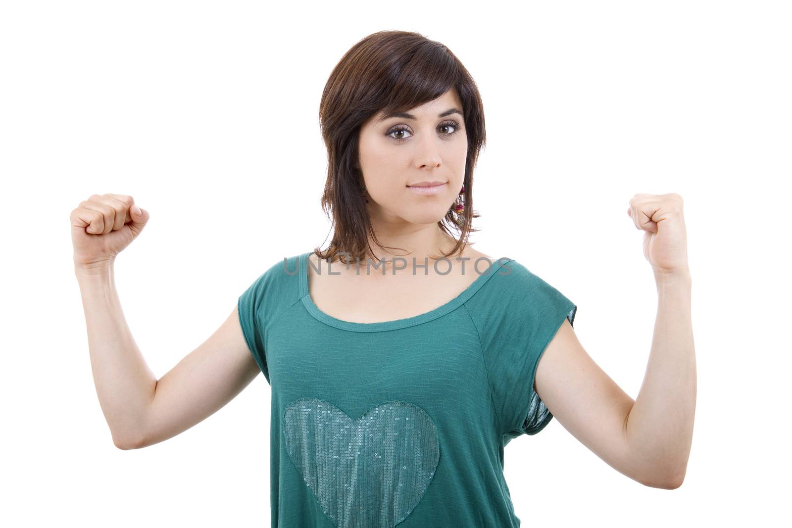 happy young woman winning, isolated on white