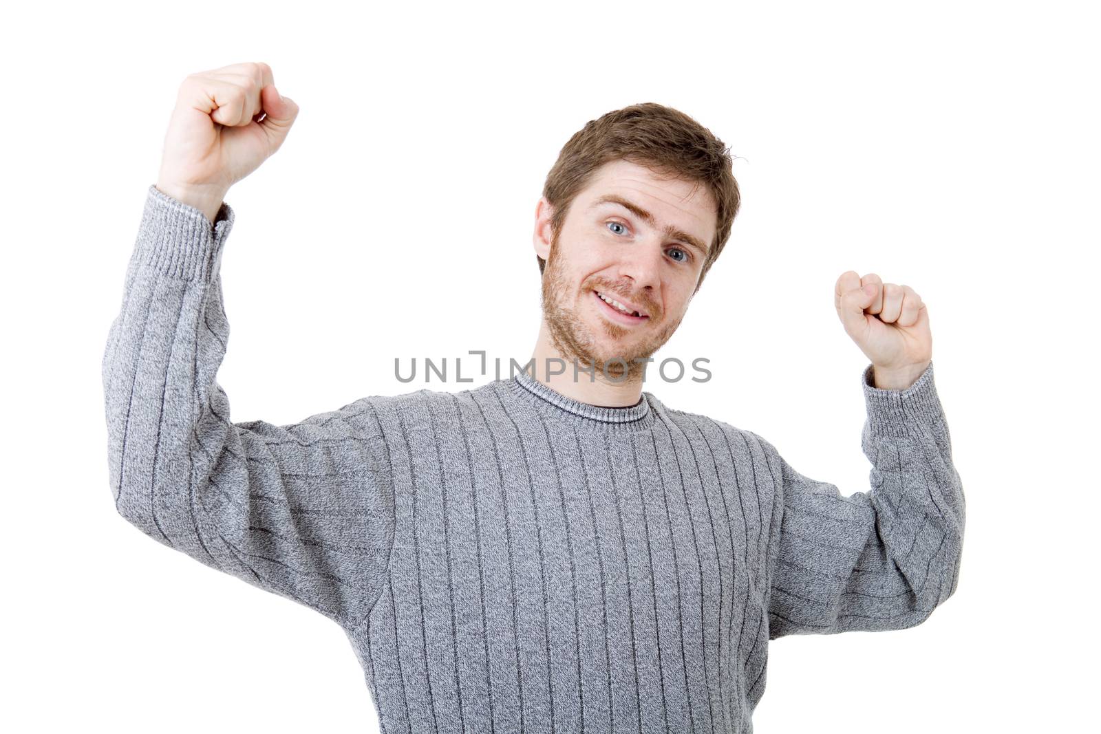 happy young man winning, isolated on white