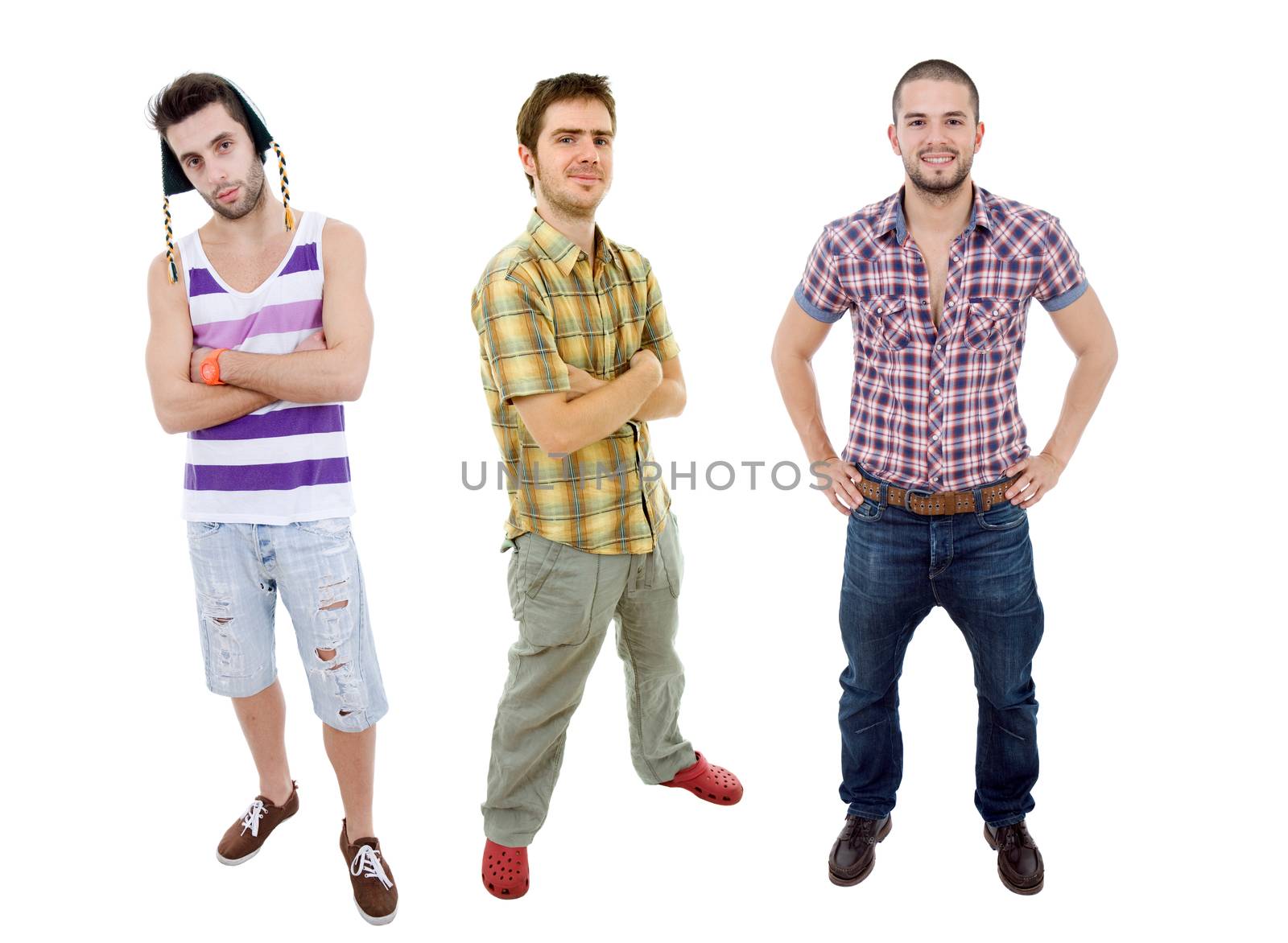 three young man full length, isolated on white